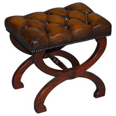 Fully Restored Hand Dyed Cigar Brown Leather Chesterfield Tufted Footstool