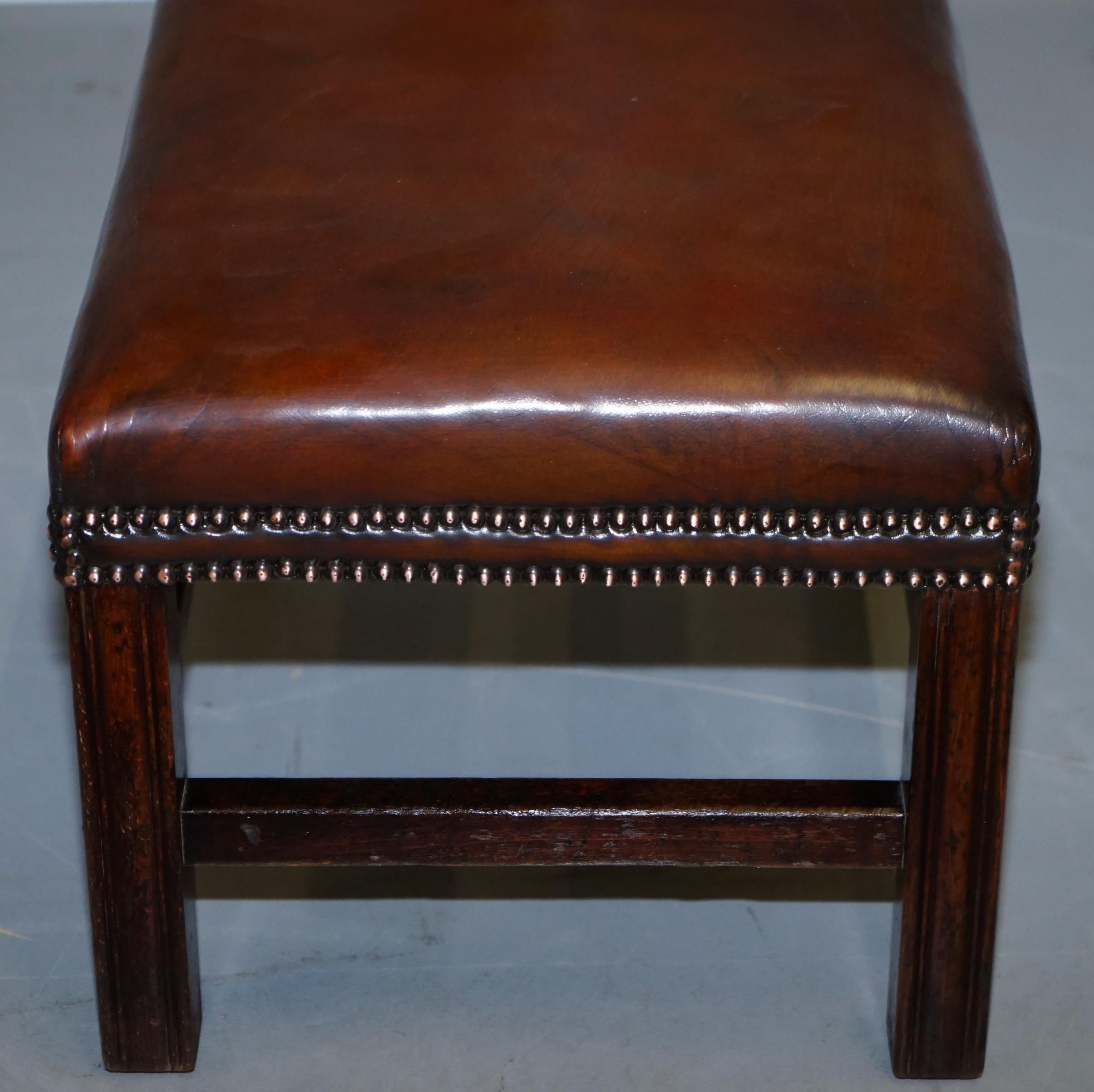Fully Restored Hand Dyed Cigar Brown Leather Footstool Beech Wood Frame 4