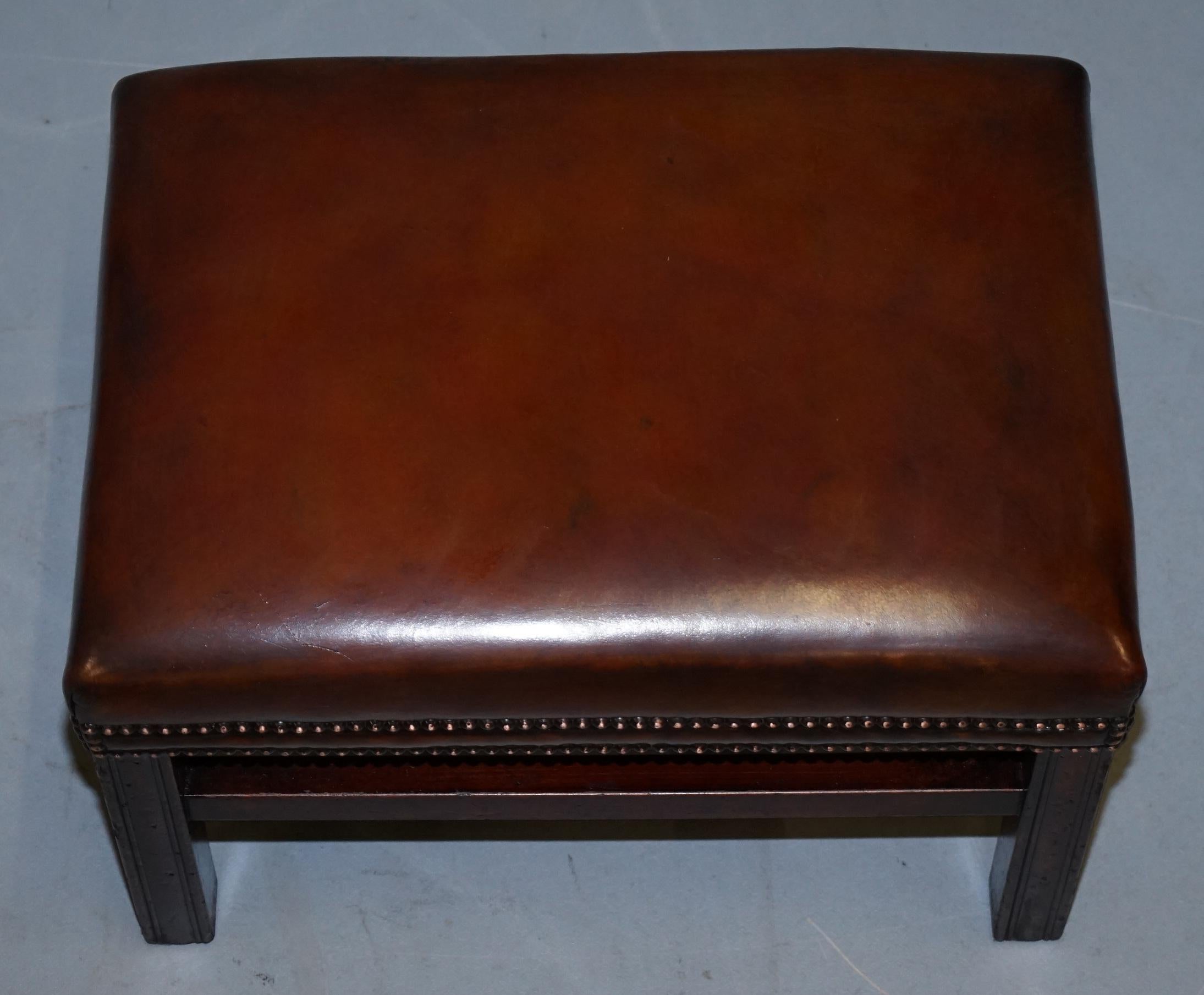 Modern Fully Restored Hand Dyed Cigar Brown Leather Footstool Beech Wood Frame