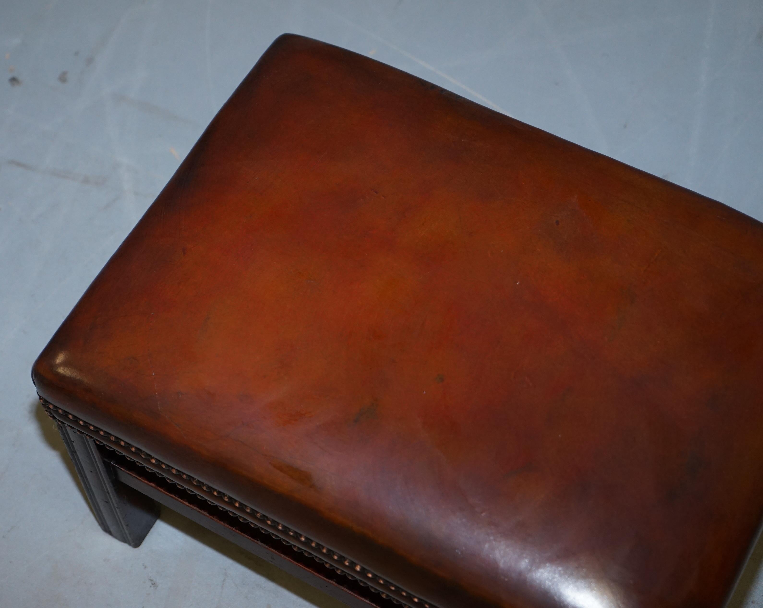 English Fully Restored Hand Dyed Cigar Brown Leather Footstool Beech Wood Frame