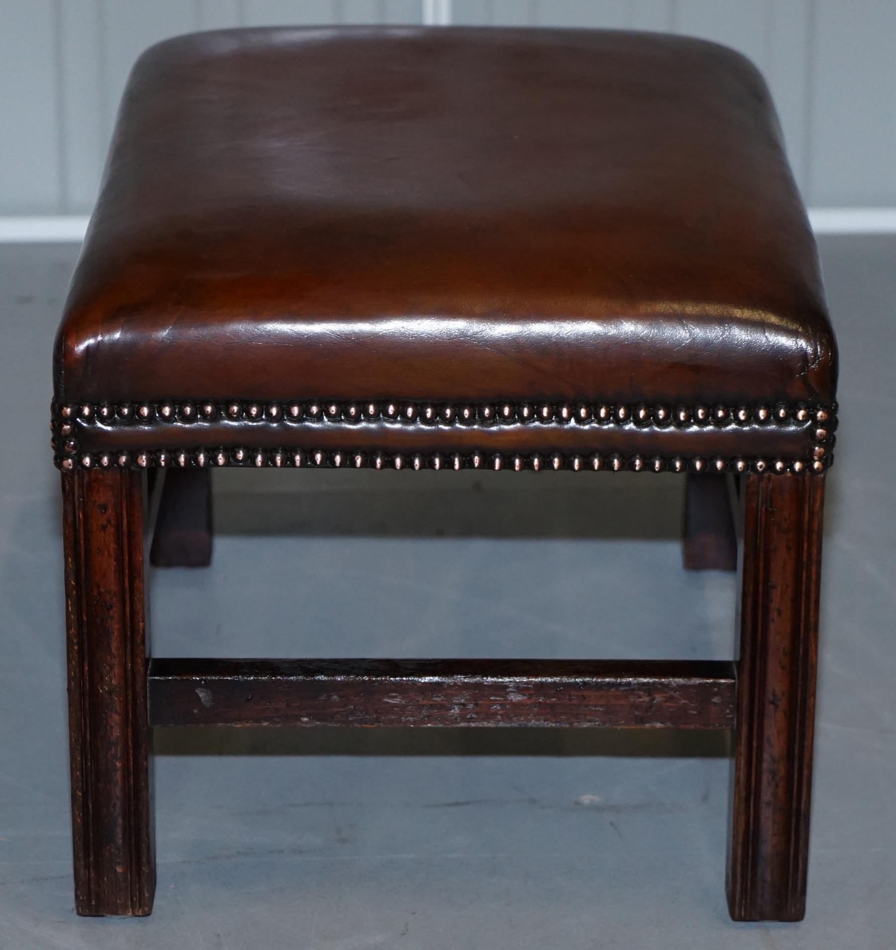 Fully Restored Hand Dyed Cigar Brown Leather Footstool Beech Wood Frame 1