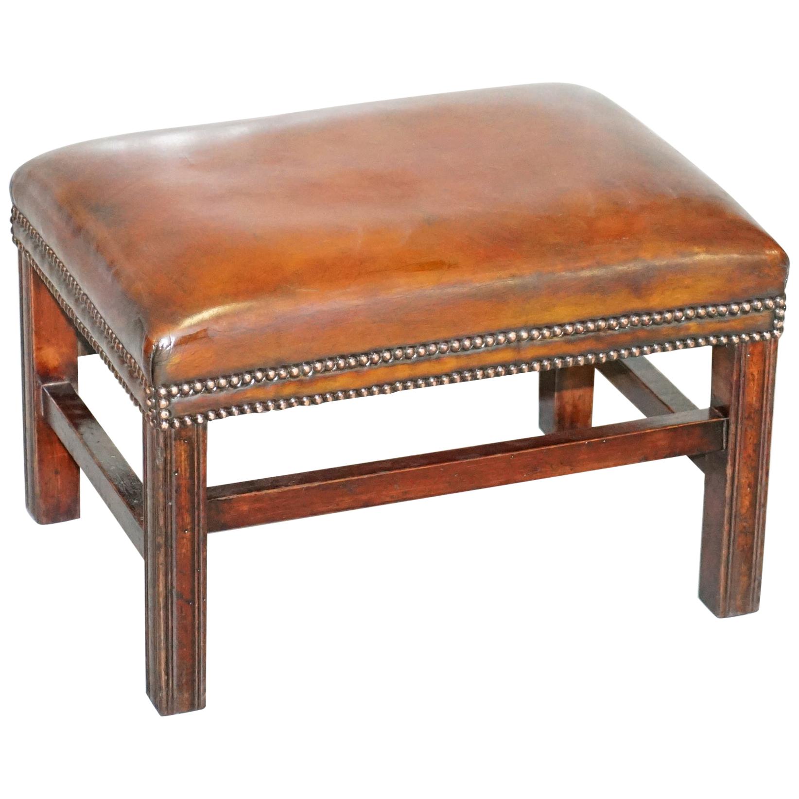 Fully Restored Hand Dyed Cigar Brown Leather Footstool Beech Wood Frame