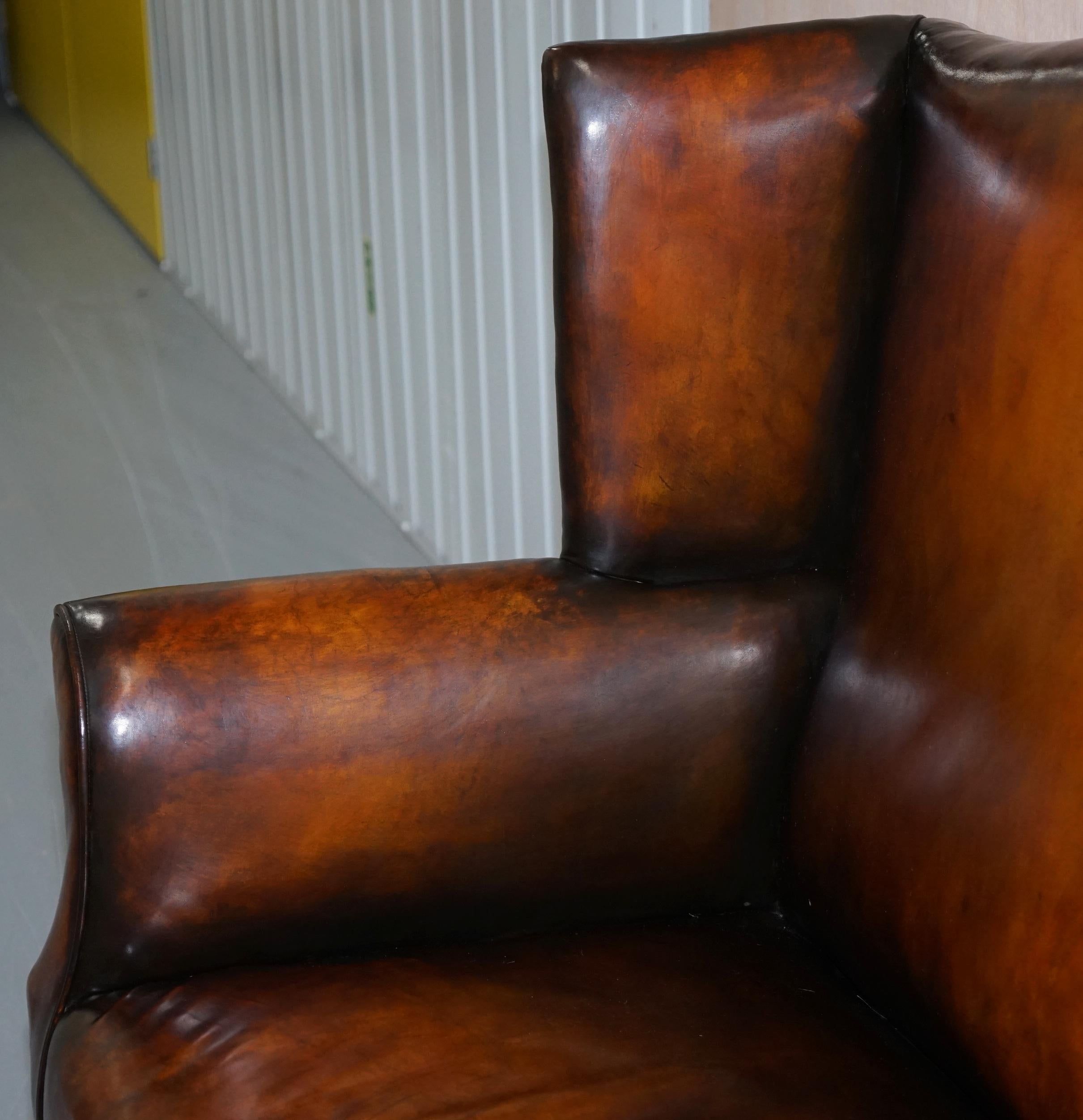 Fully Restored Hand Dyed Cigar Brown Leather Victorian Wingback Bench Sofa Seat 4