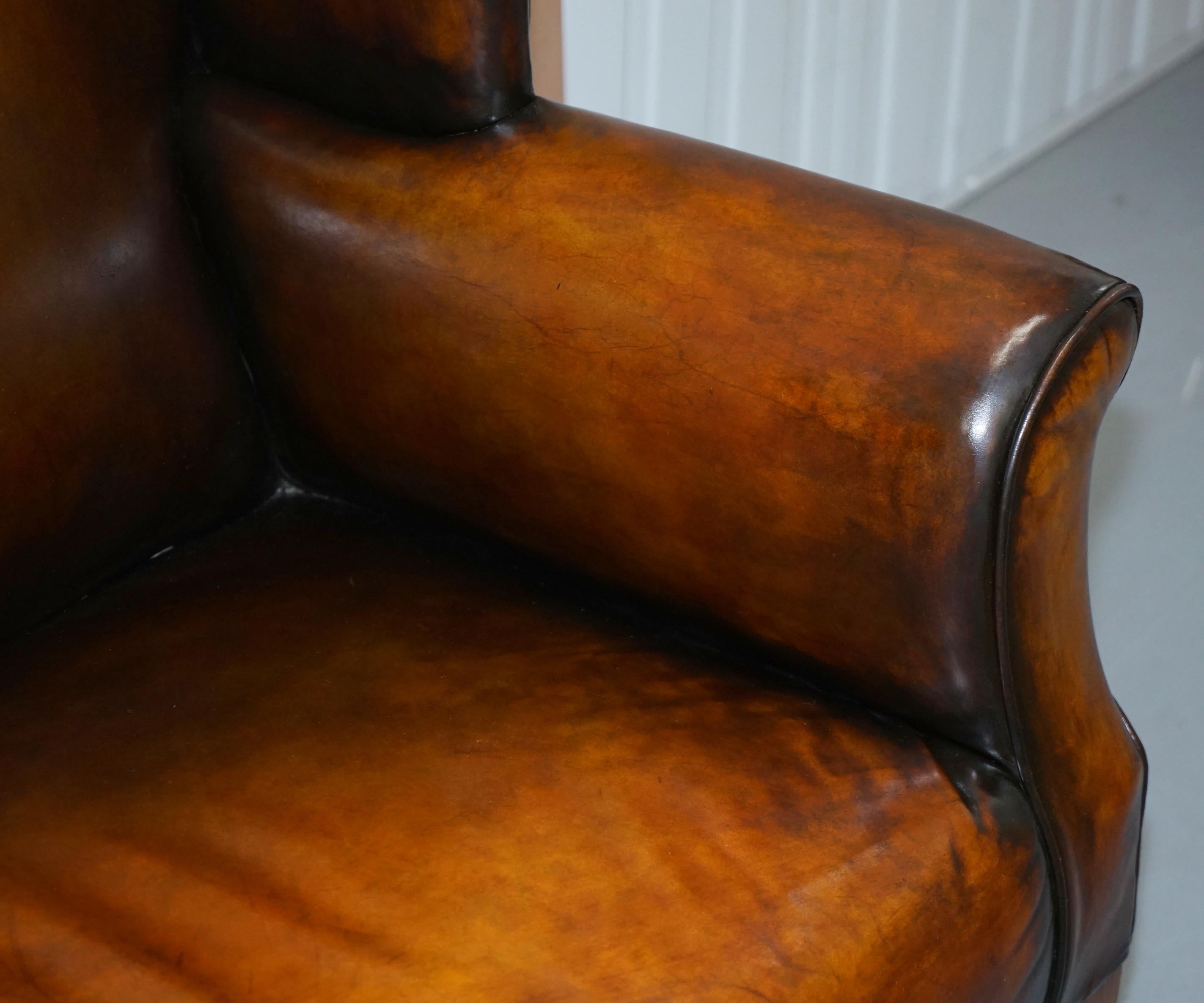 Fully Restored Hand Dyed Cigar Brown Leather Victorian Wingback Bench Sofa Seat 5
