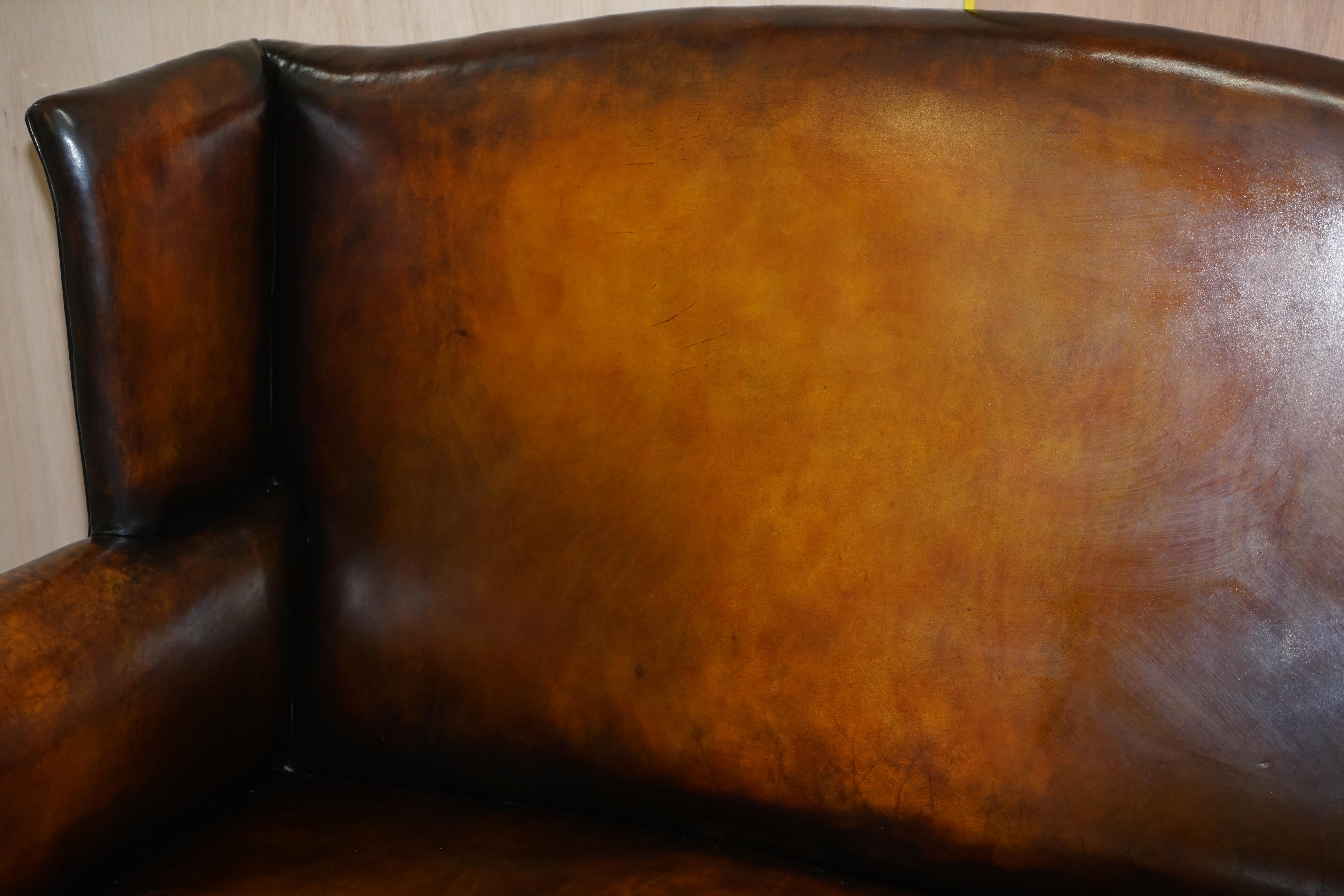 Fully Restored Hand Dyed Cigar Brown Leather Victorian Wingback Bench Sofa Seat 6