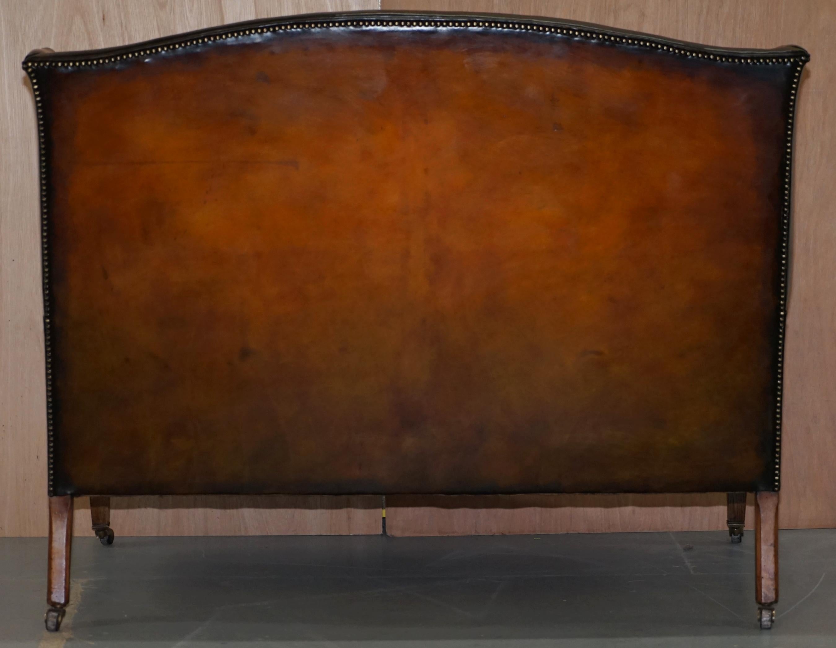 Fully Restored Hand Dyed Cigar Brown Leather Victorian Wingback Bench Sofa Seat 10