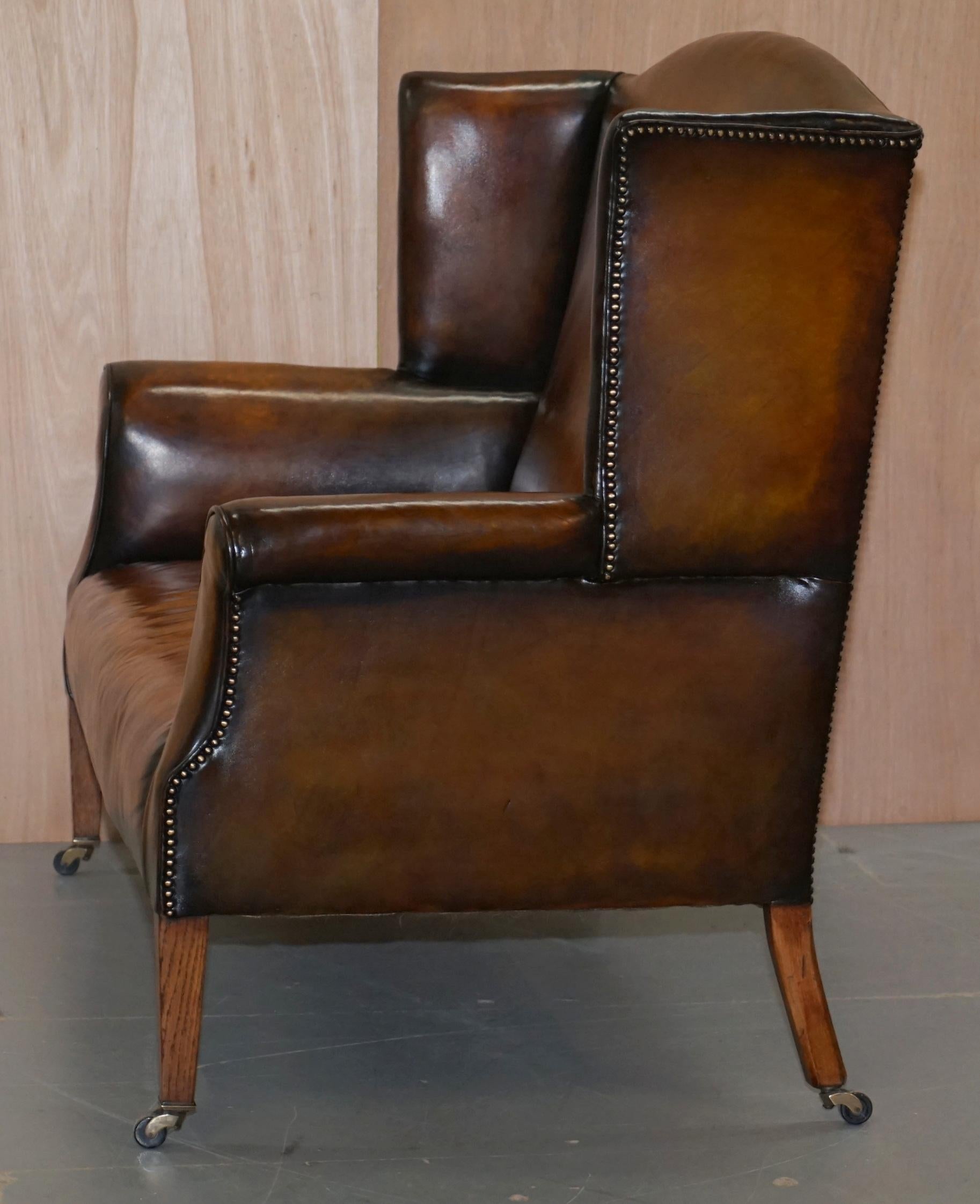 Fully Restored Hand Dyed Cigar Brown Leather Victorian Wingback Bench Sofa Seat 11
