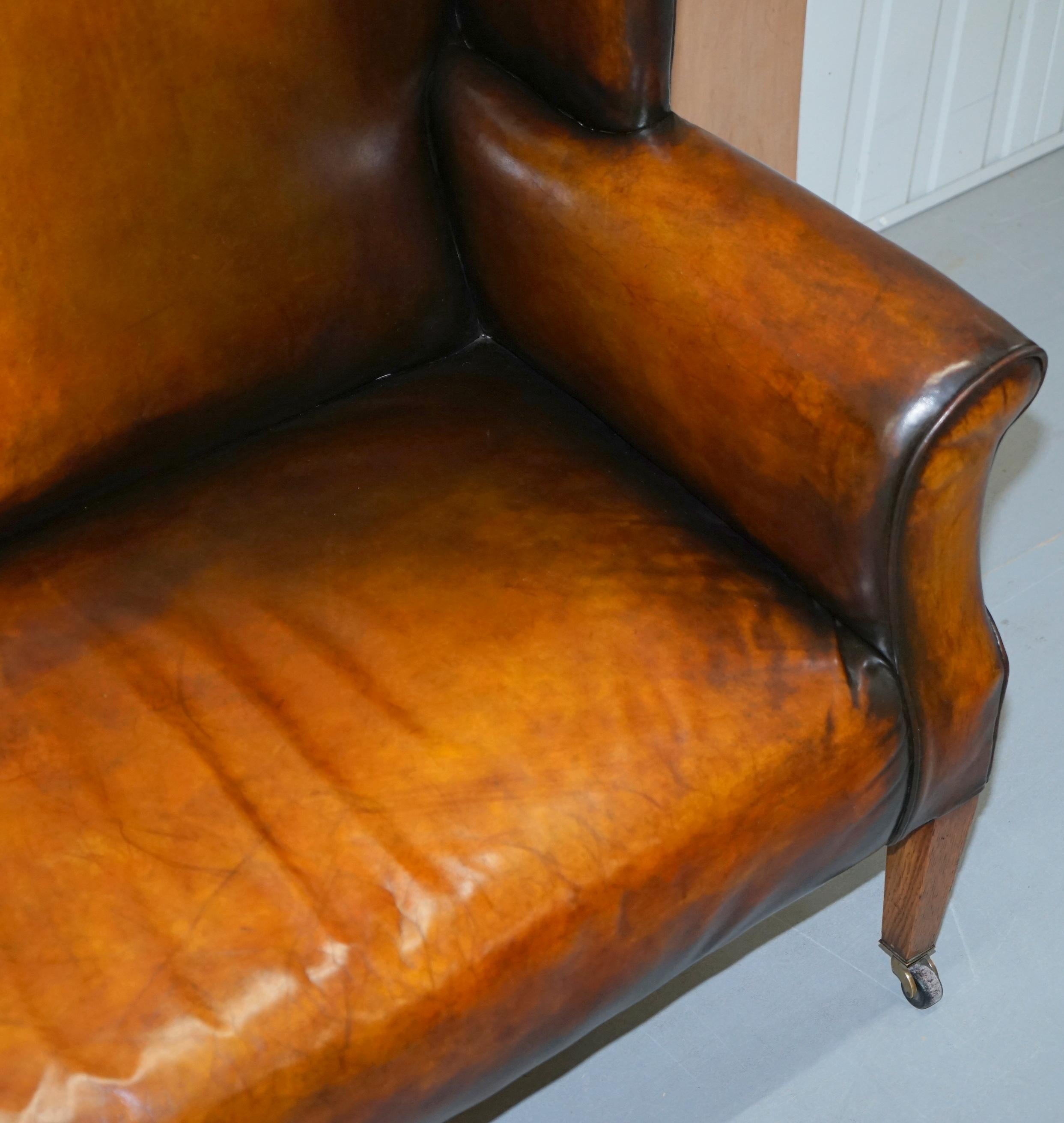 English Fully Restored Hand Dyed Cigar Brown Leather Victorian Wingback Bench Sofa Seat