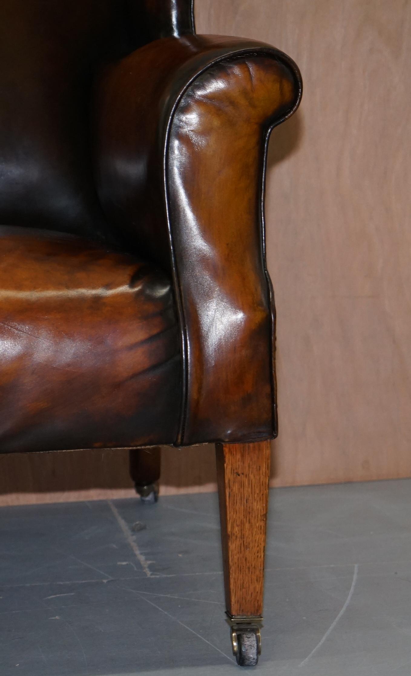 Hand-Crafted Fully Restored Hand Dyed Cigar Brown Leather Victorian Wingback Bench Sofa Seat