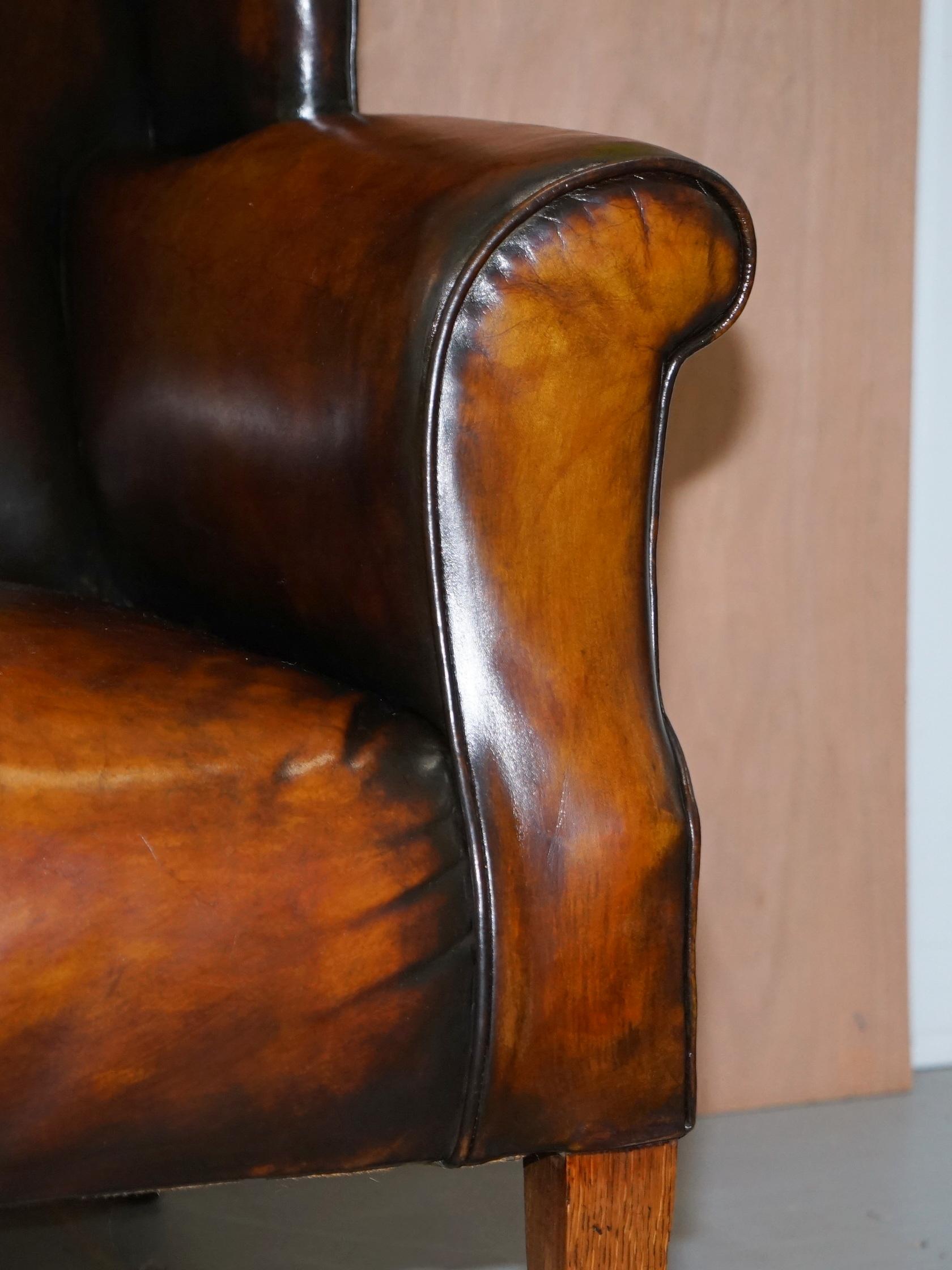 Mid-19th Century Fully Restored Hand Dyed Cigar Brown Leather Victorian Wingback Bench Sofa Seat