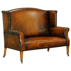 Antique Fully Restored Hand Dyed Cigar Brown Leather Victorian Wingback Bench Sofa Seat