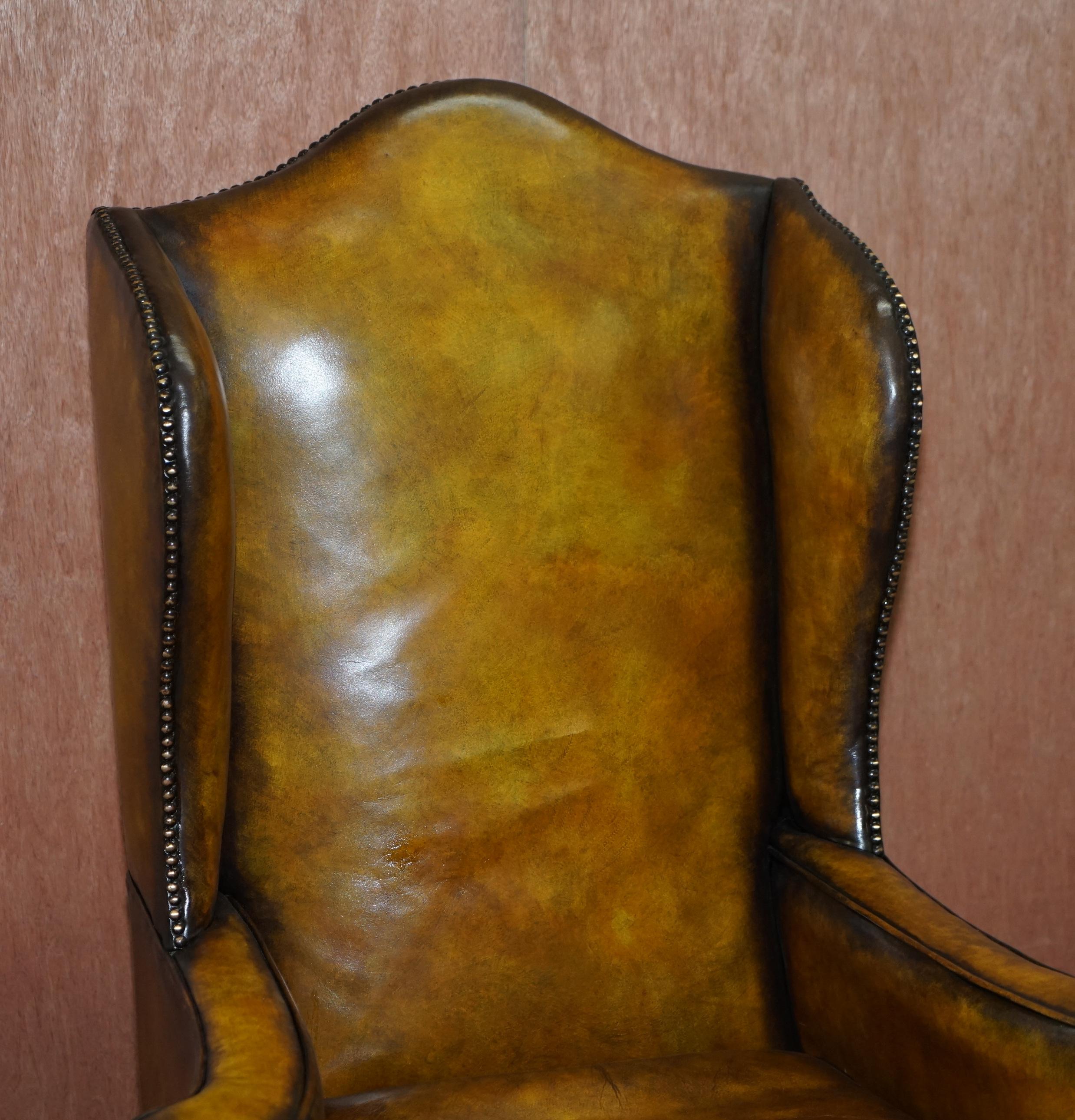 Fully Restored Hand Dyed Cigar Brown Leather Wingback William Morris Armchair 4