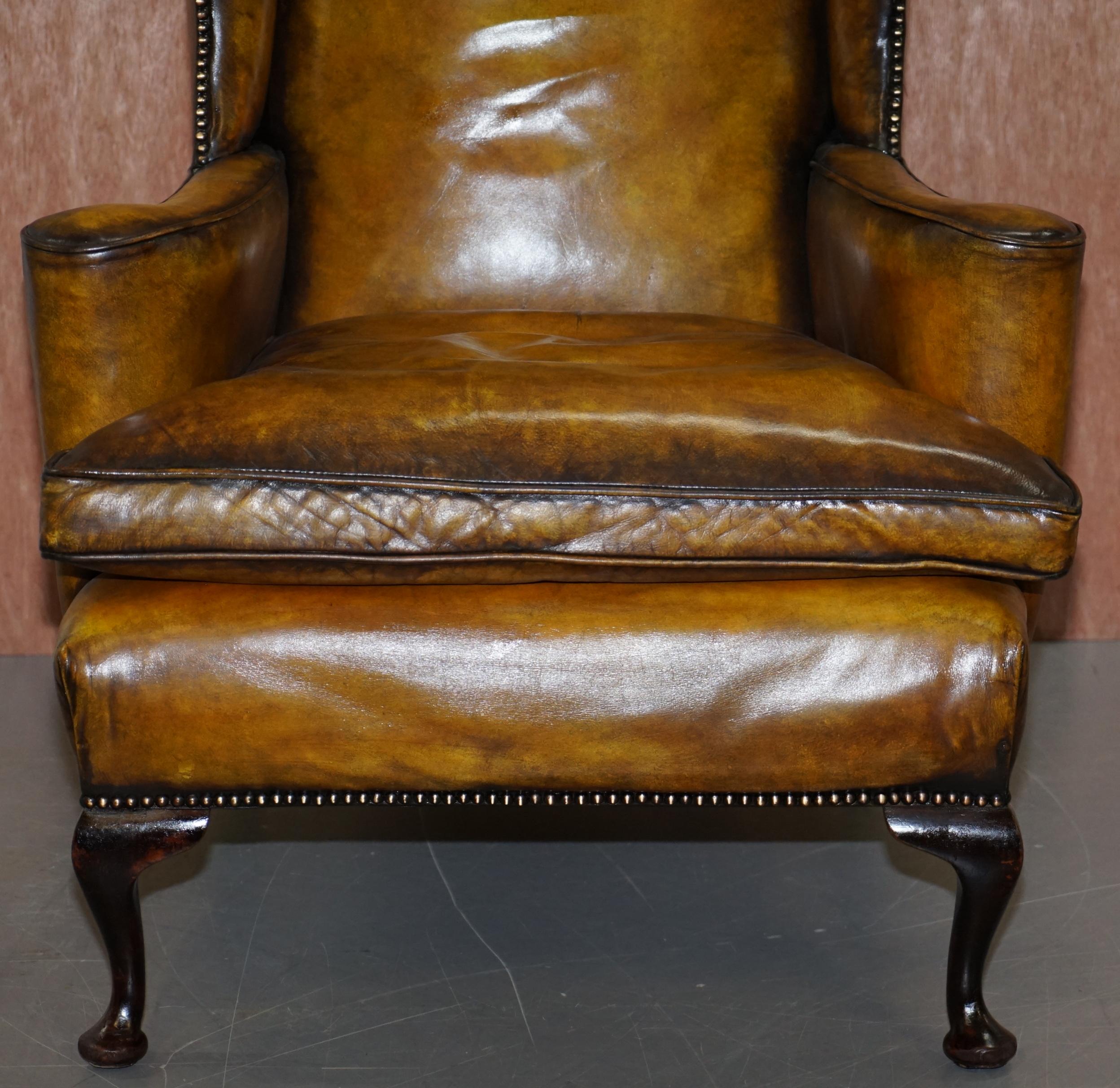 Fully Restored Hand Dyed Cigar Brown Leather Wingback William Morris Armchair 5