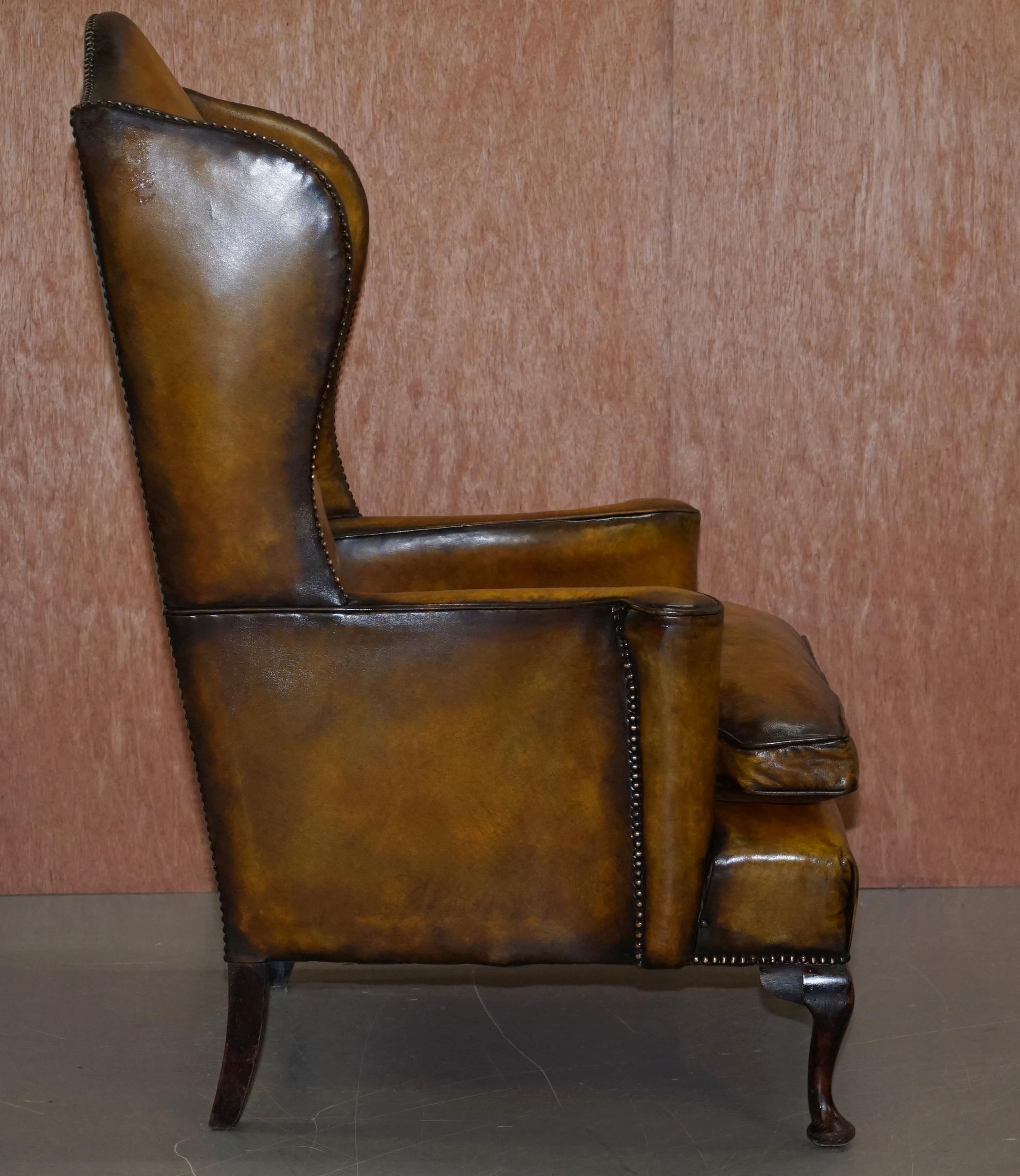 Fully Restored Hand Dyed Cigar Brown Leather Wingback William Morris Armchair 9