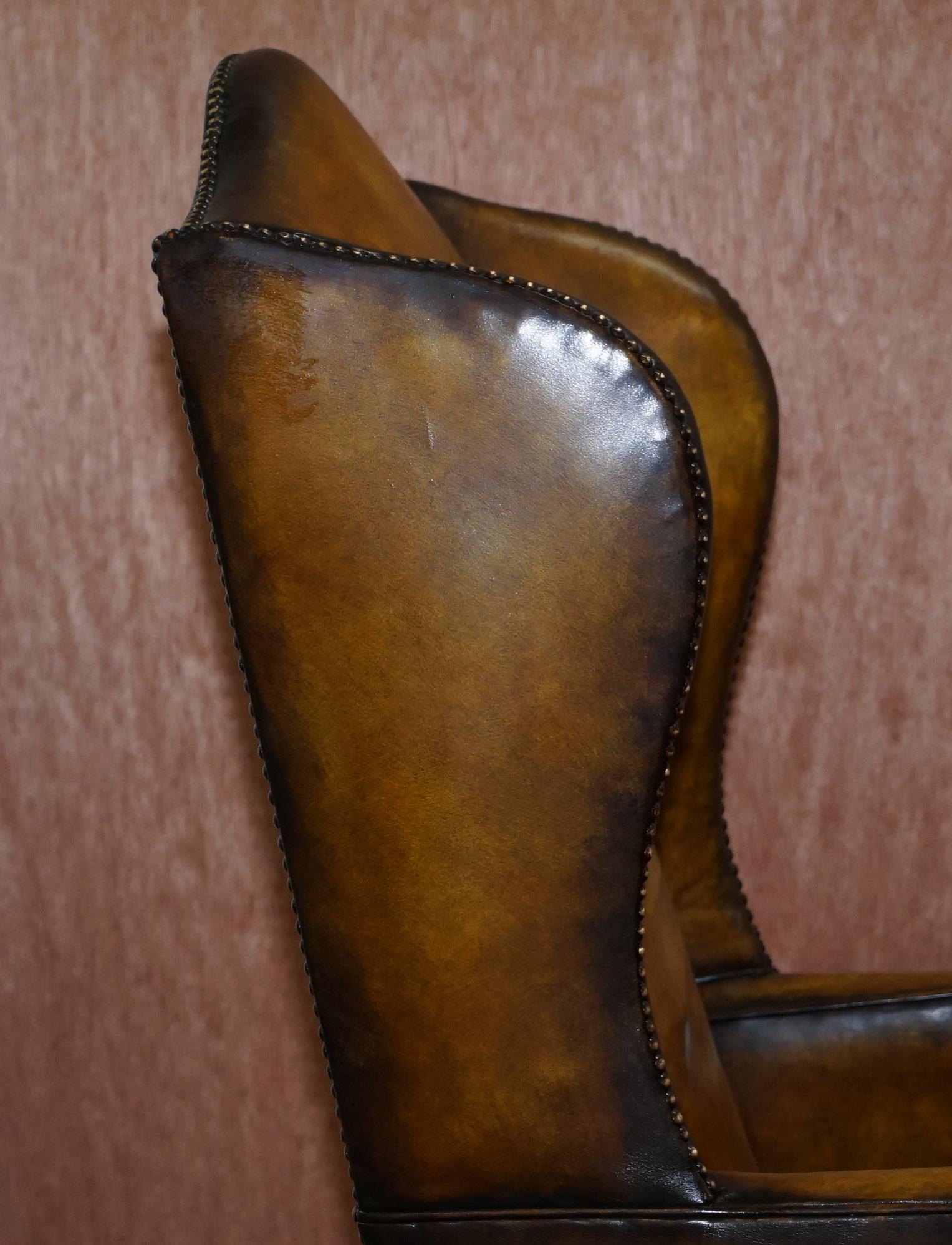 Fully Restored Hand Dyed Cigar Brown Leather Wingback William Morris Armchair 11