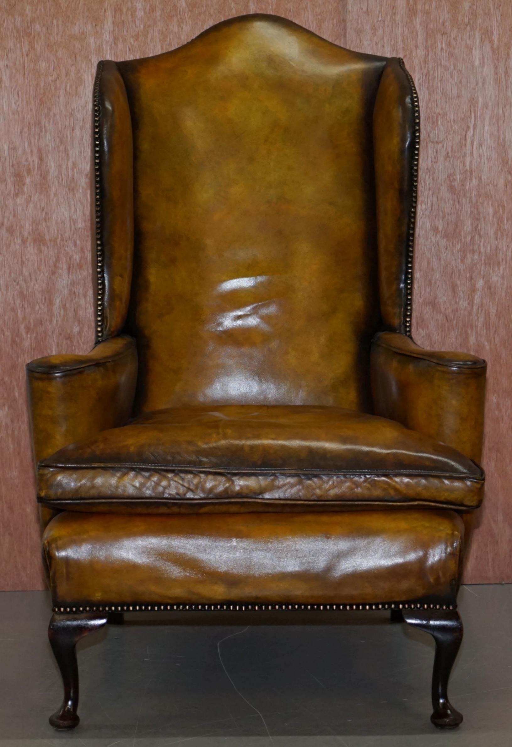 We are delighted to offer for sale this stunning lovely oversized fully restored original Victorian aged brown leather wingback armchair with William Morris style flat top arms 

A good looking and comfortable piece with a period coil sprung