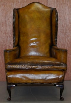 Fully Restored Hand Dyed Cigar Brown Leather Wingback William Morris Armchair