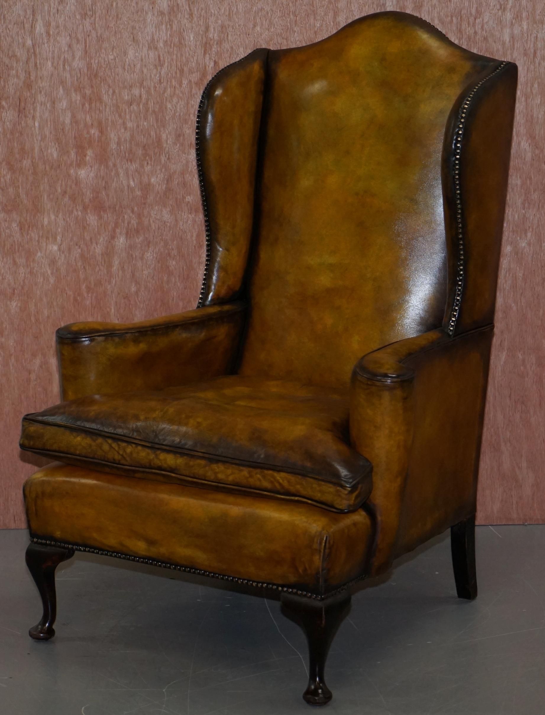 Victorian Fully Restored Hand Dyed Cigar Brown Leather Wingback William Morris Armchair