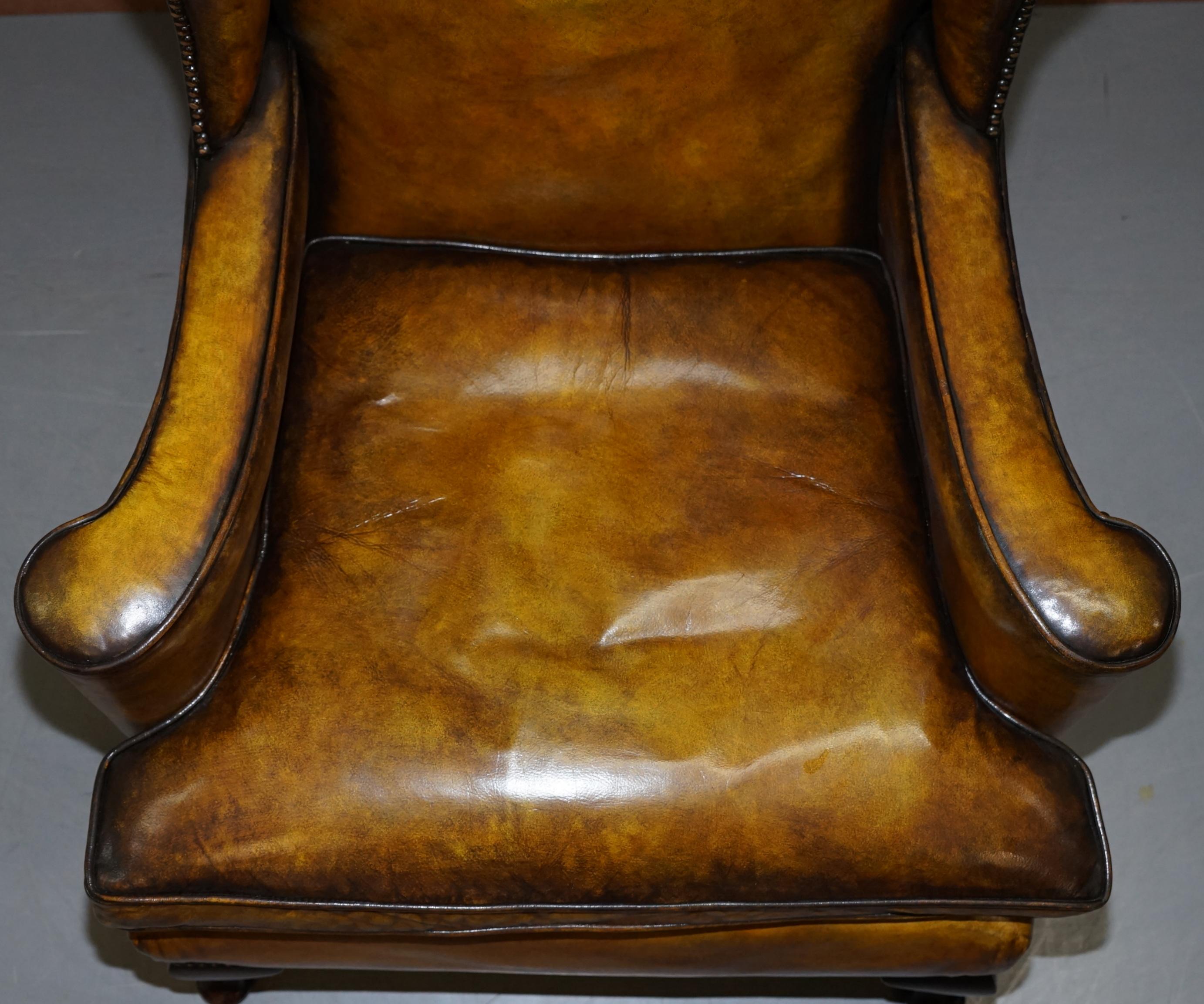 English Fully Restored Hand Dyed Cigar Brown Leather Wingback William Morris Armchair