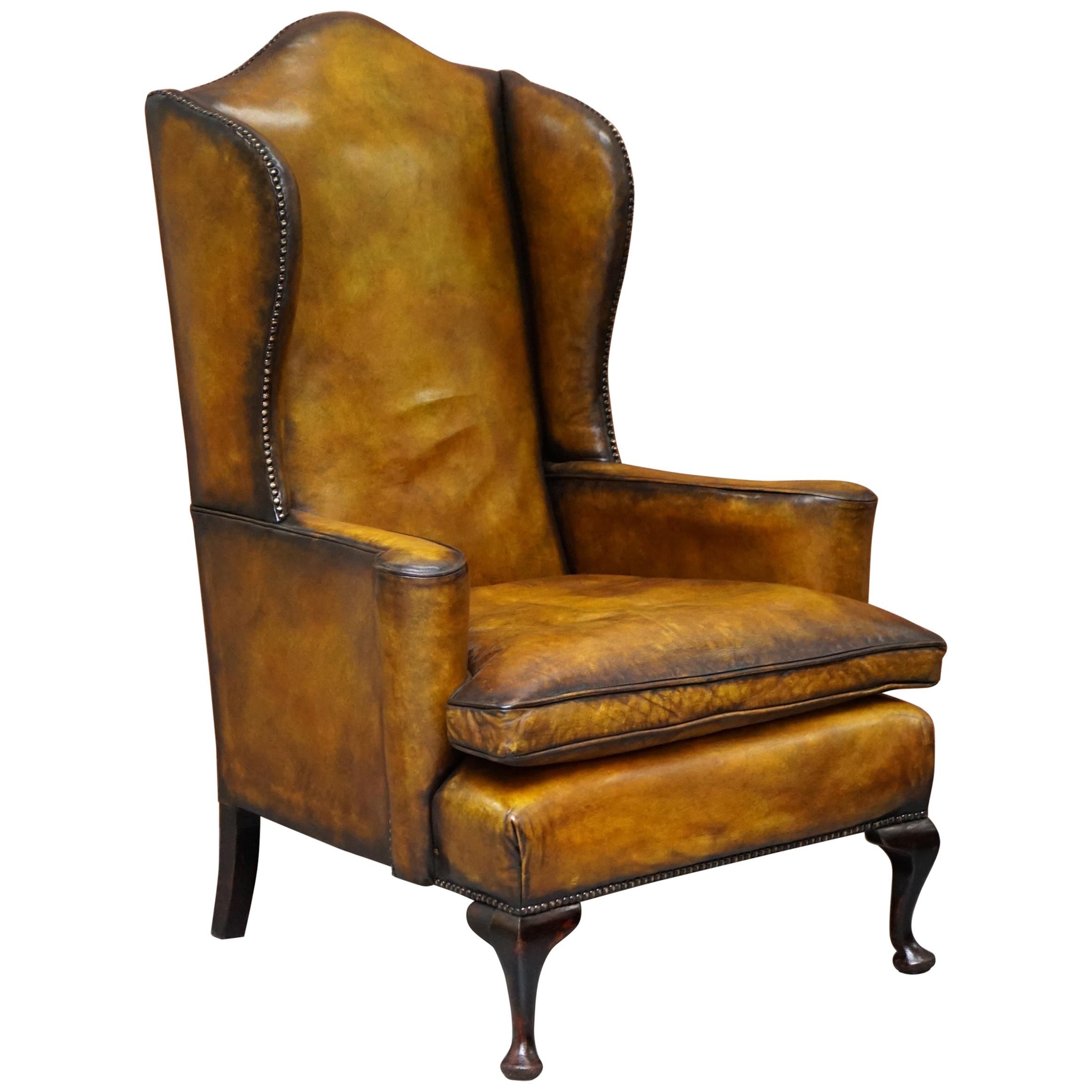 Fully Restored Hand Dyed Cigar Brown Leather Wingback William Morris Armchair