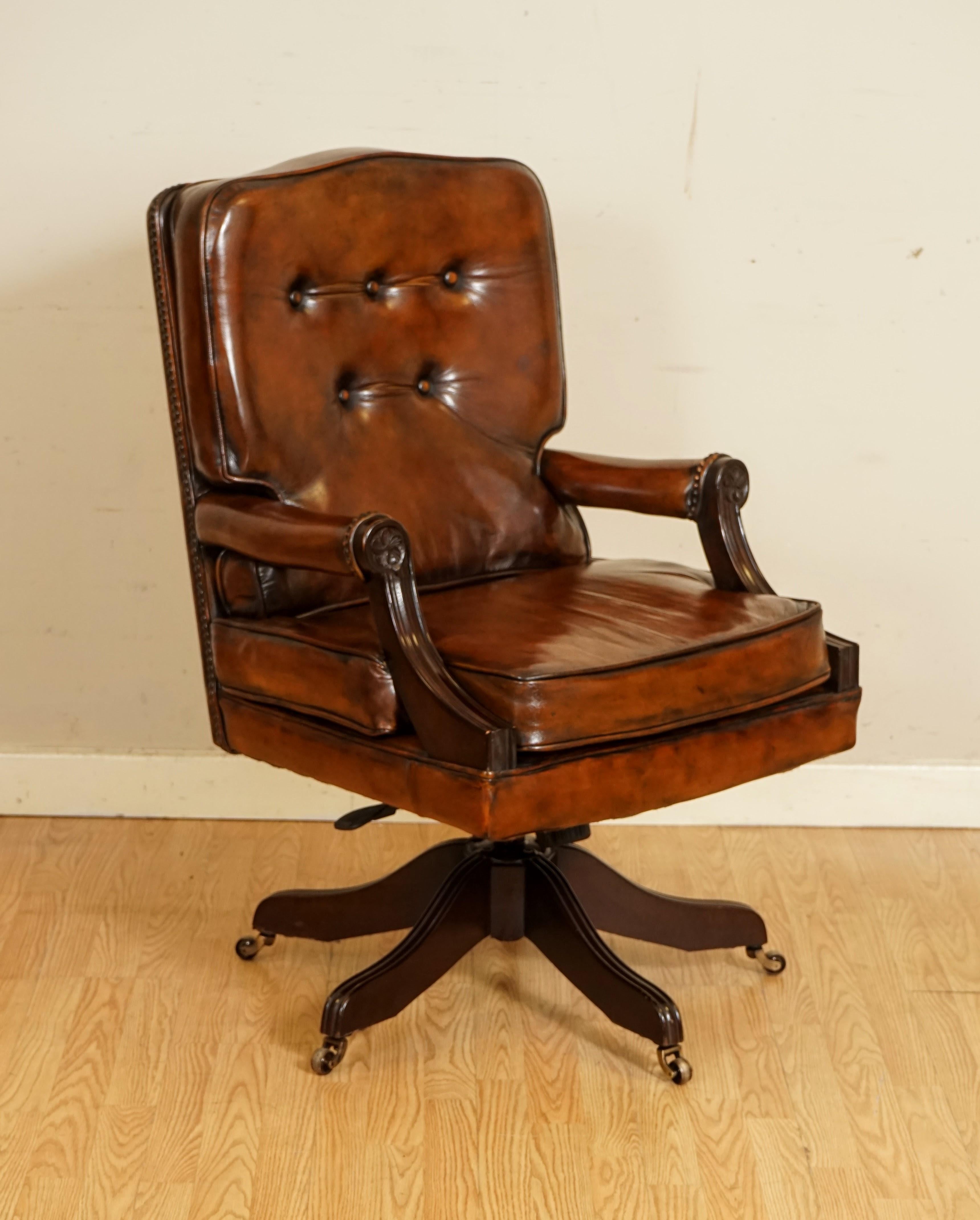 We are so excited to present to you this Lovely Whisky Brown Hand Dyed Leather Swivel Office Chair. 

We have lightly restored this by giving it a hand clean all over, hand waxed and hand polish. 

Please carefully look at the pictures to see