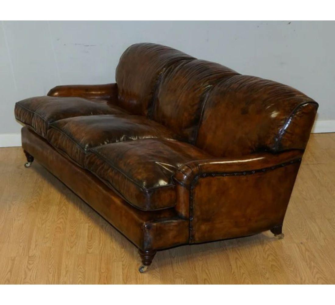 Fully Restored Hand Dyed Leather Sofa Howard & Sons Style Feather Filled For Sale 3