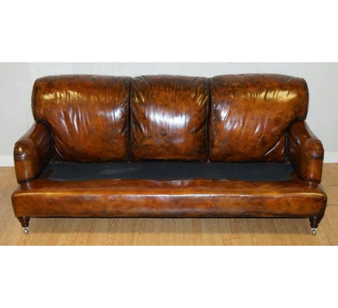 Fully Restored Hand Dyed Leather Sofa Howard & Sons Style Feather Filled For Sale 4