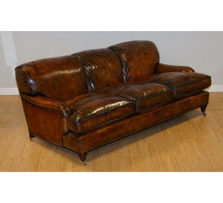 Fully Restored Hand Dyed Leather Sofa Howard and Sons Style Feather