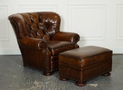 FULLY RESTORED HAND DYED LEATHER WRITERS READING ARMCHAIR WiTH FOOTSTOOL