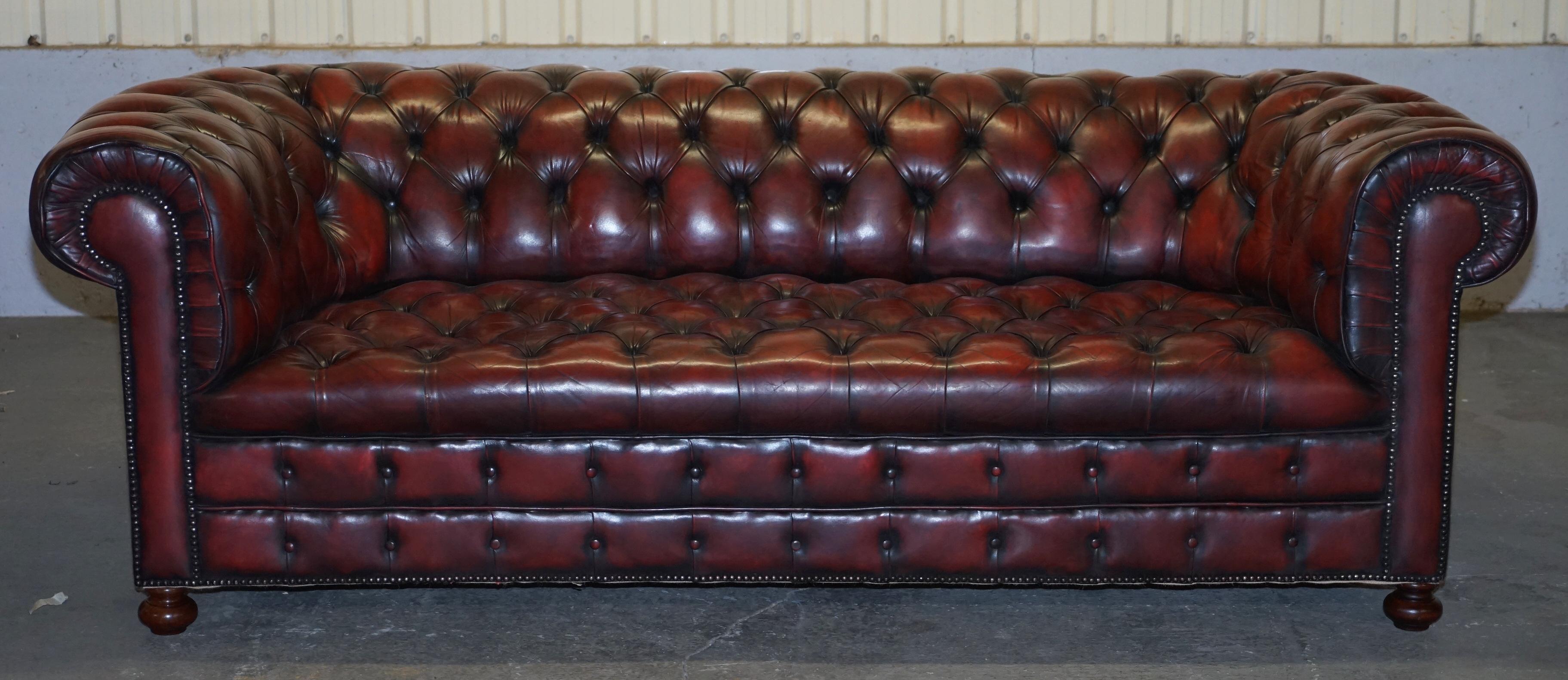 We are delighted to offer for sale this very rare large grand original circa 1880-1900 oxblood leather Chesterfield club sofa in fully restored condition with tufted buttoned base



This is a very good find, you almost never come across late