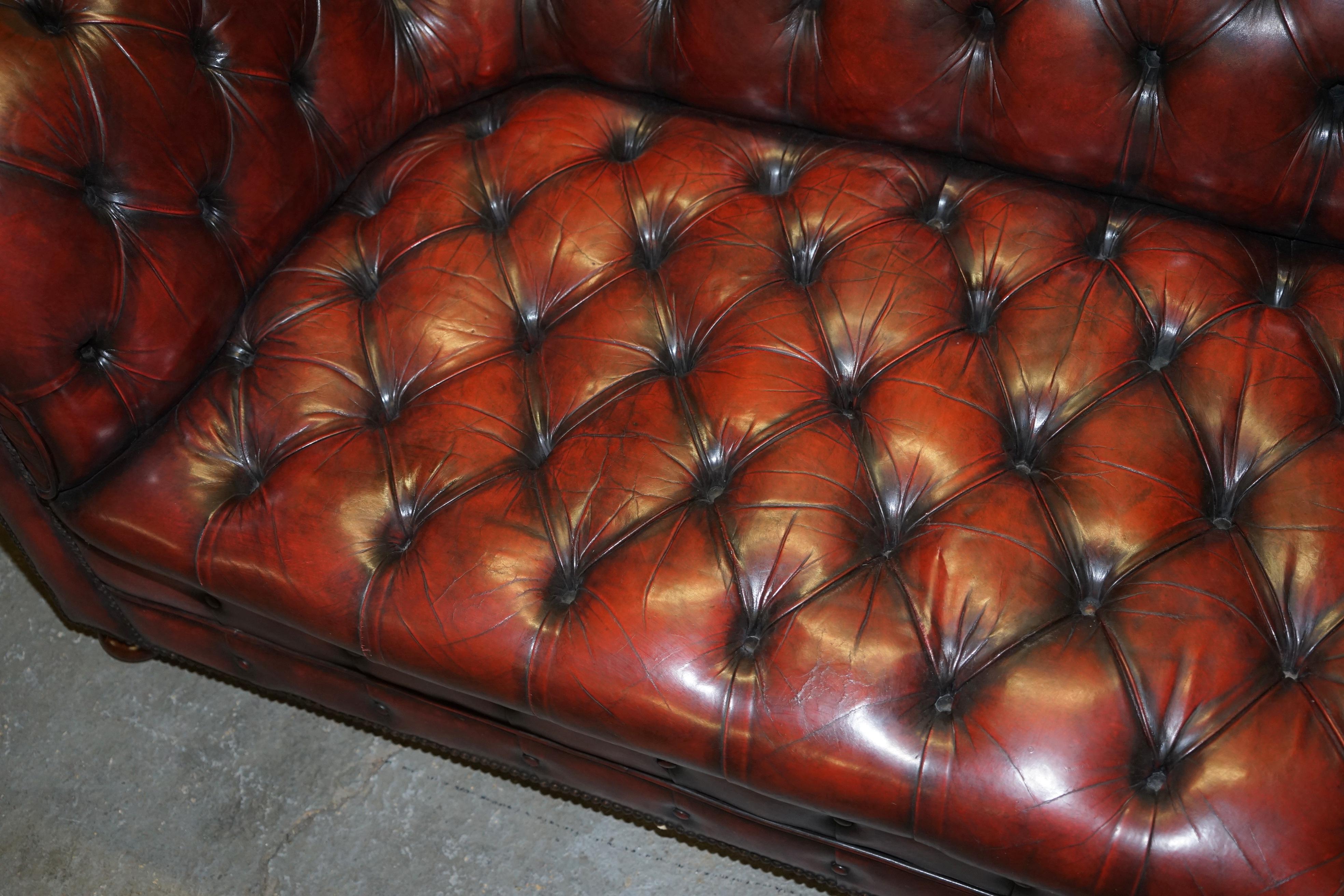 English Fully Restored Hand Dyed Oxblood Leather Fully Tufted Chesterfield Buttoned Sofa