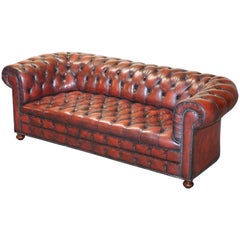 Canapé Chesterfield entièrement restauré en cuir sang de boeuf teint à la main et entièrement touffeté avec boutons