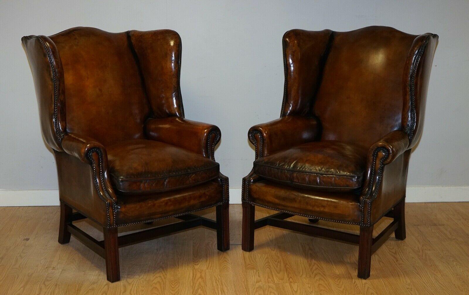 We are delighted to offer for sale these lovely pair of very comfortable feather filled cushion vintage George H style frame wingback chairs.
A good looking and comfortable pair of coil sprung vintage wingback armchairs, with feather filled seats.