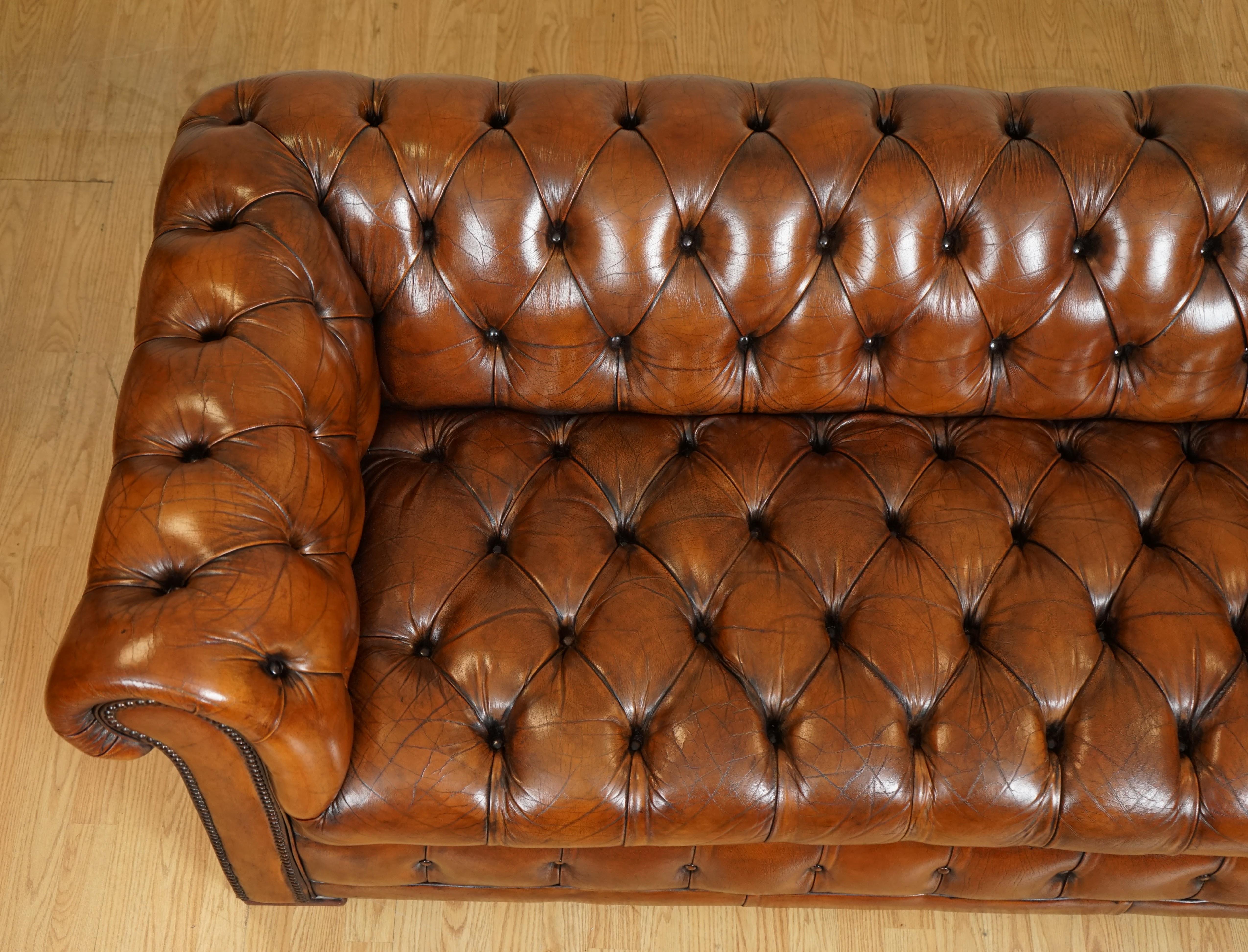 Brass Fully Restored Hand Dyed Whiskey Brown Chesterfield Club Gentleman's Sofa