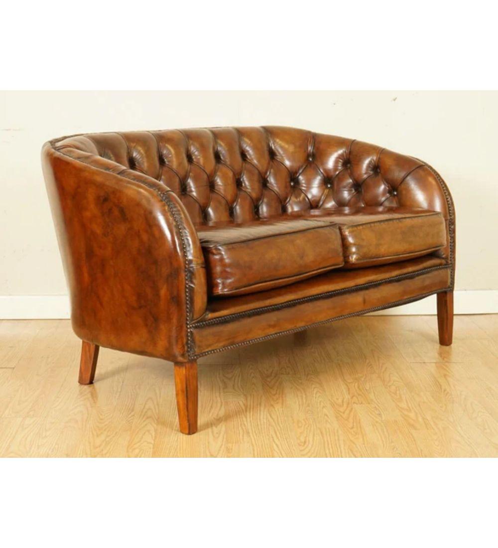 Fully Restored Hand Dyed Whiskey Brown Leather Two Seater Sofa '1/2' For Sale 3