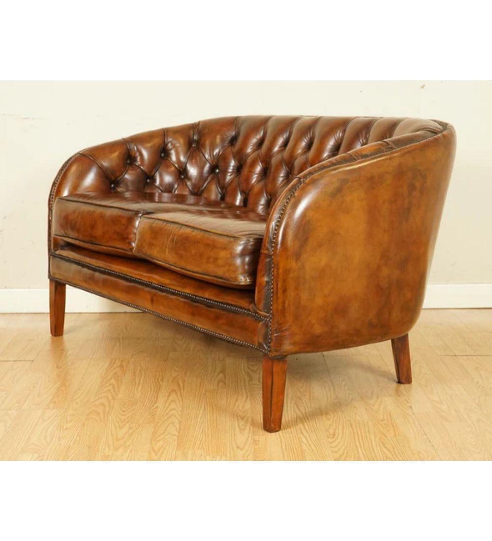 Fully Restored Hand Dyed Whiskey Brown Leather Two Seater Sofa '1/2' For Sale 4