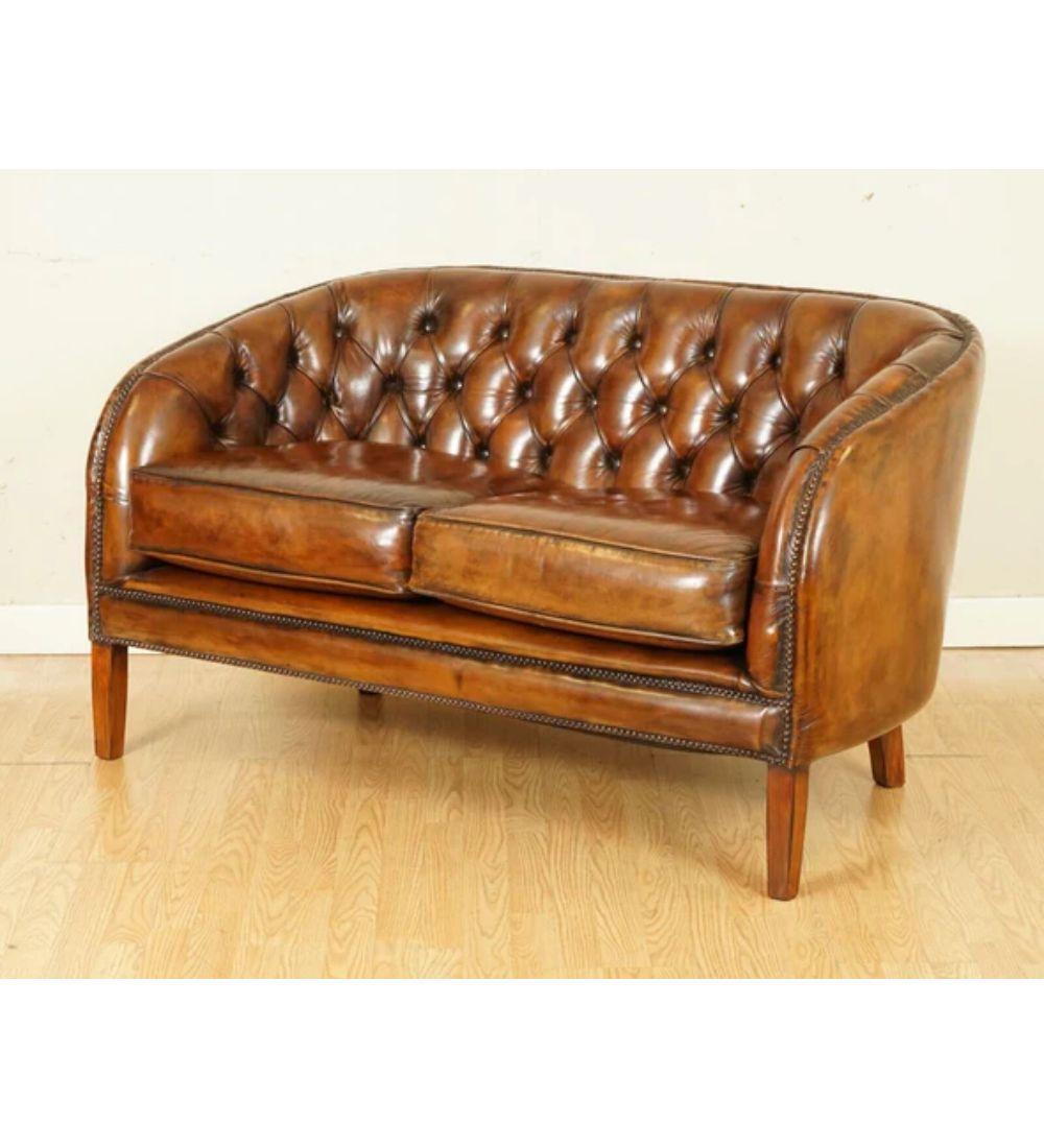 Art Deco Fully Restored Hand Dyed Whiskey Brown Leather Two Seater Sofa '1/2' For Sale