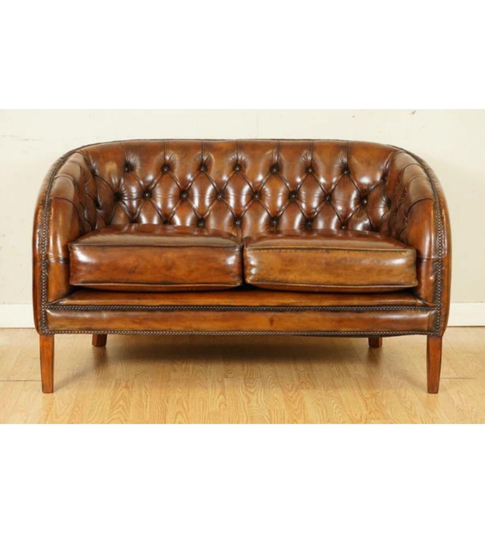 British Fully Restored Hand Dyed Whiskey Brown Leather Two Seater Sofa '1/2' For Sale