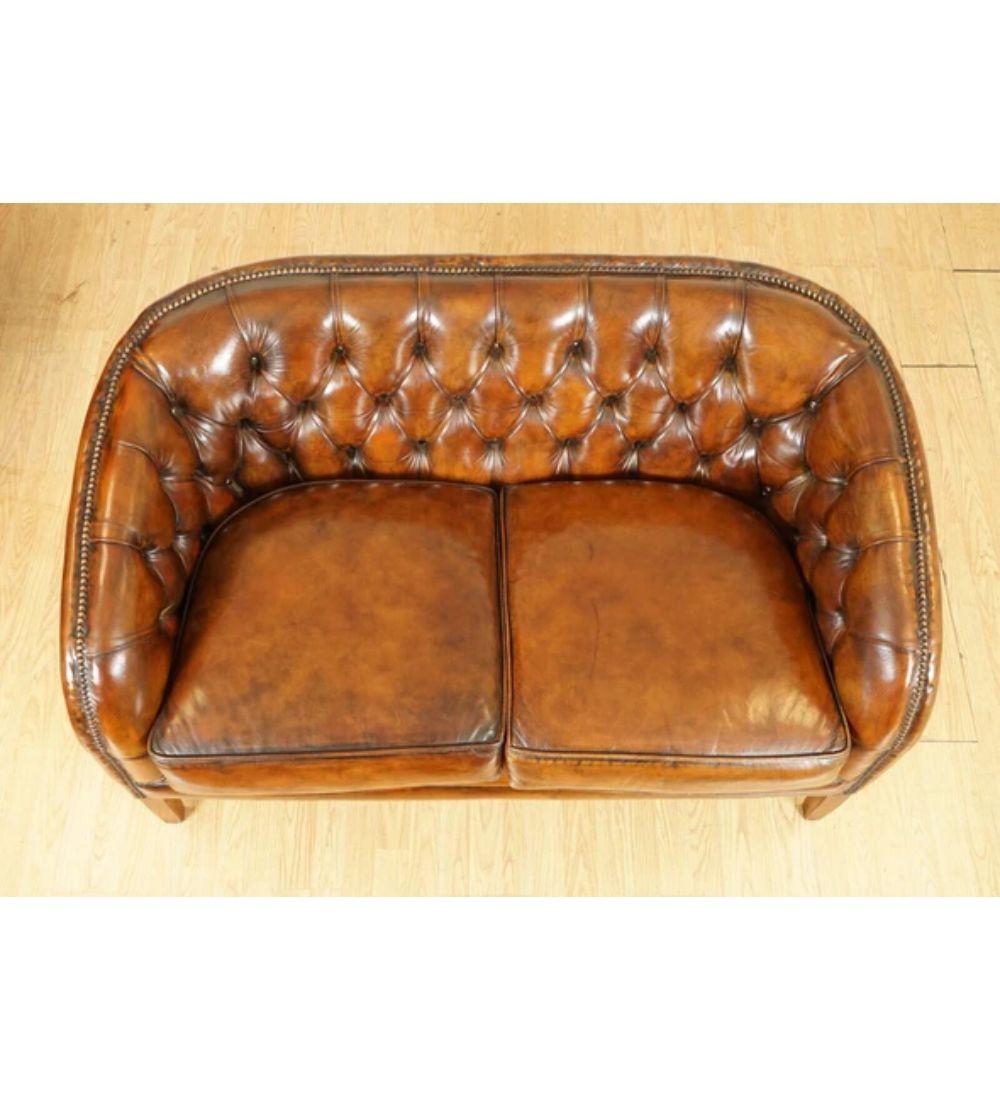 Hand-Crafted Fully Restored Hand Dyed Whiskey Brown Leather Two Seater Sofa '1/2' For Sale