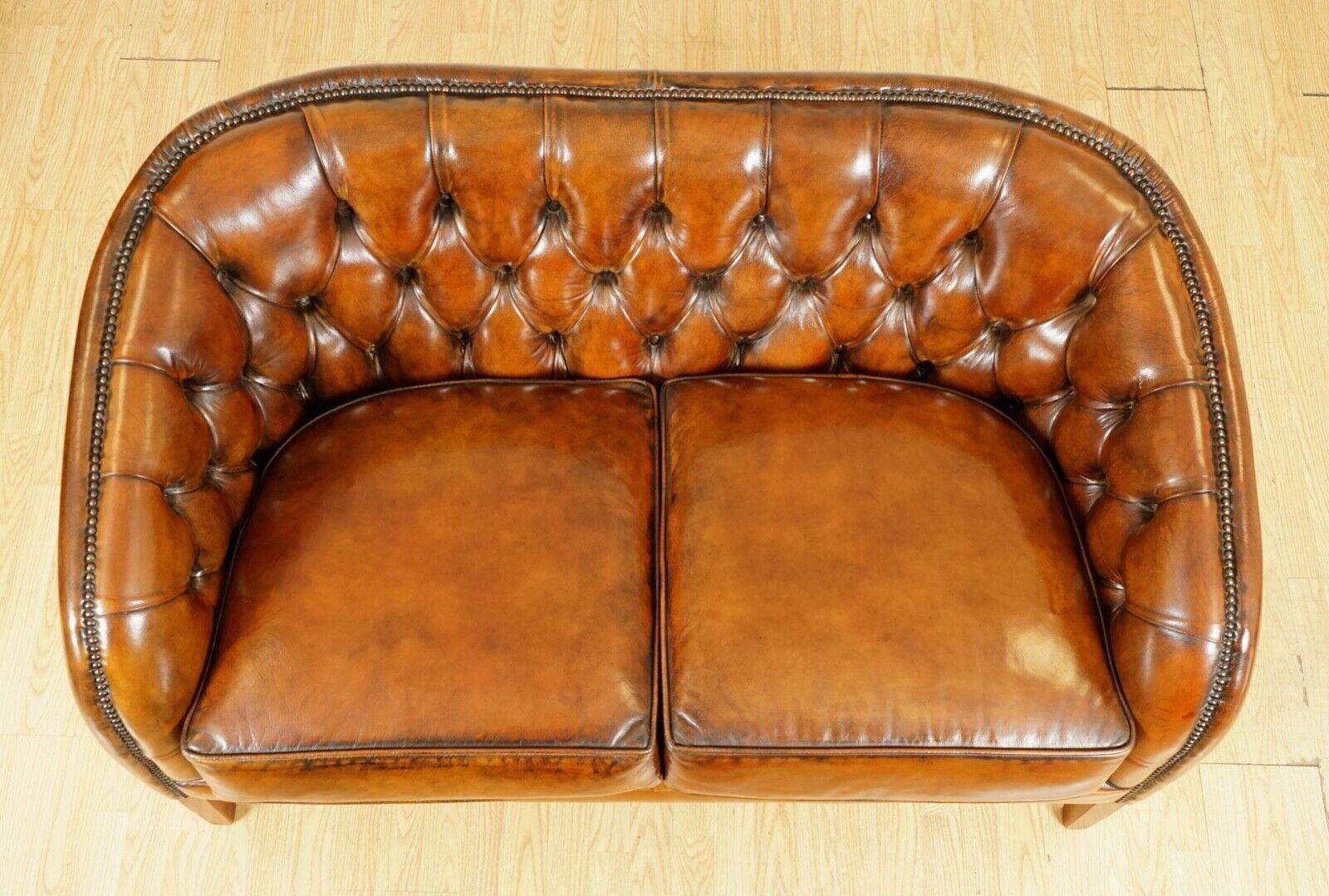 Art Deco Fully Restored Hand Dyed Whiskey Brown Leather Two Seater Sofa '2/2' For Sale