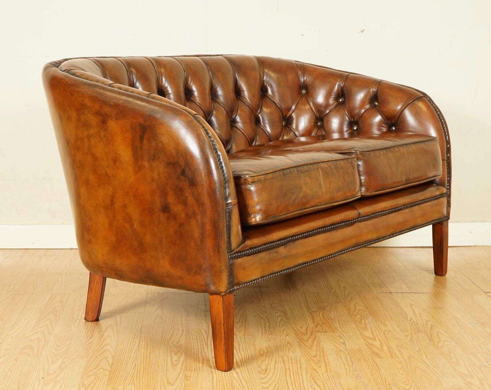 Fully Restored Hand Dyed Whiskey Brown Leather Two Seater Sofa '2/2' In Good Condition For Sale In Pulborough, GB
