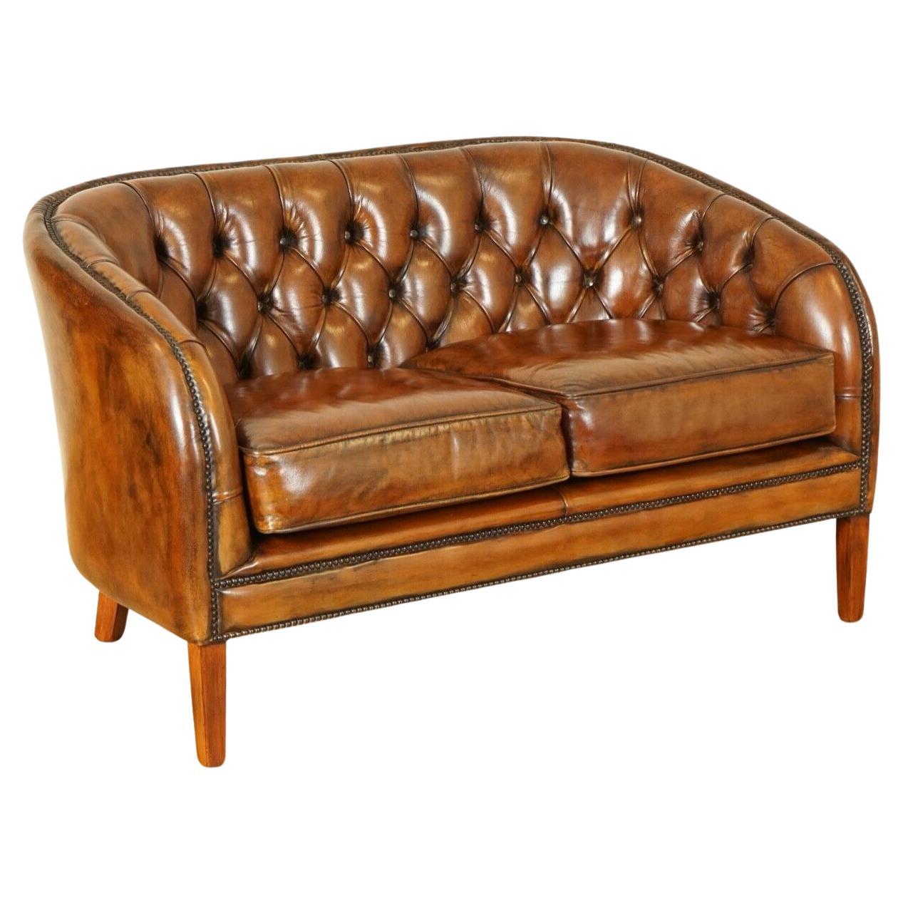 Fully Restored Hand Dyed Whiskey Brown Leather Two Seater Sofa '2/2' For Sale