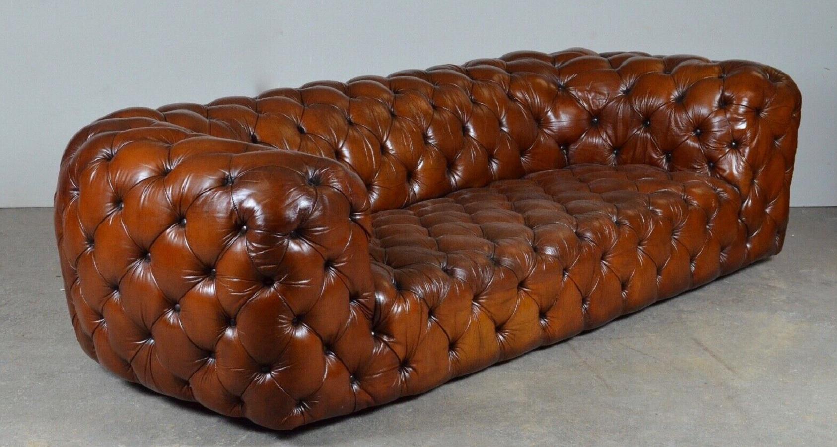 Fully Restored Hand Dyed Whisky Brown Leather Sofa Timothy Oulton Tribeca Tufted 3