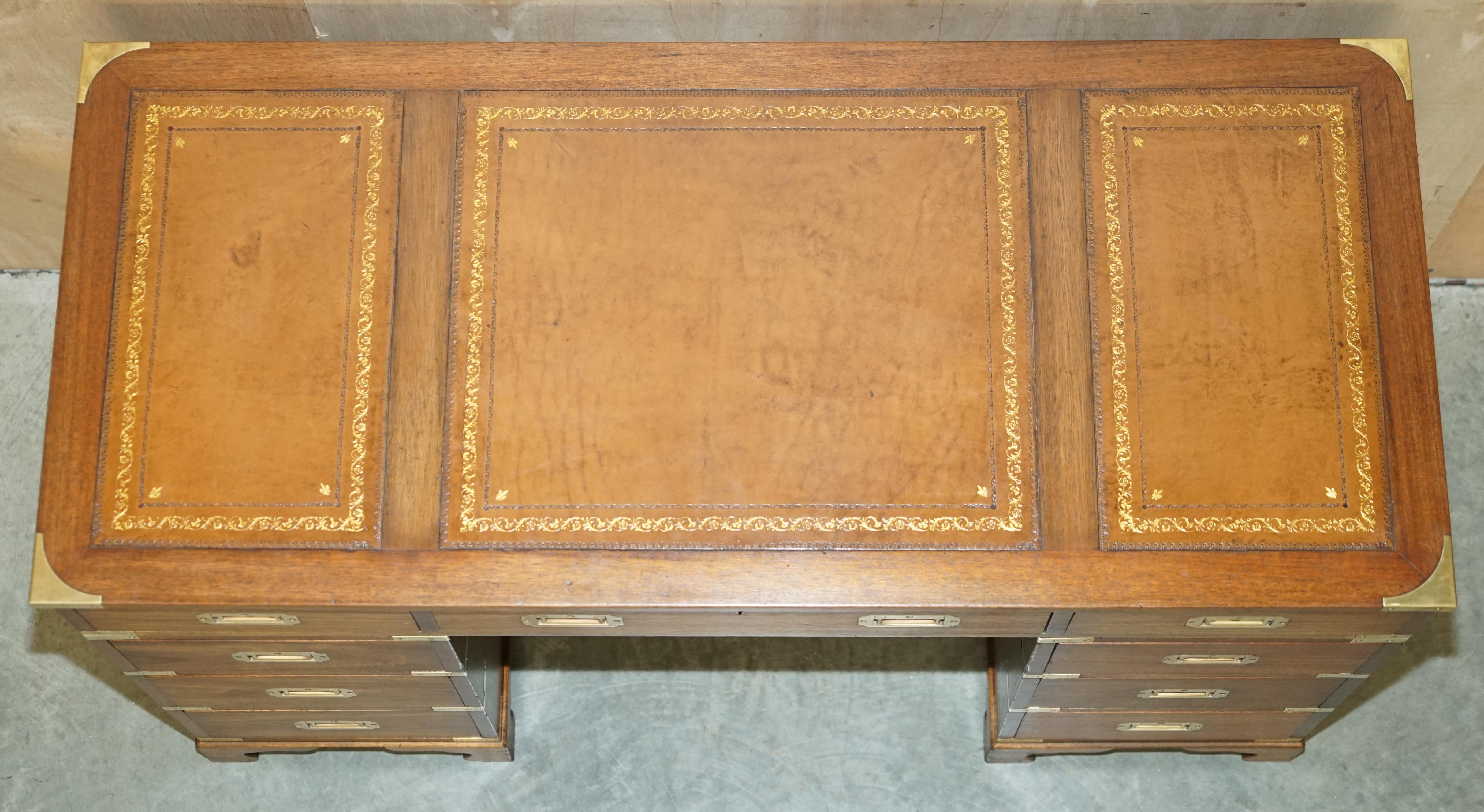 Fully Restored Harrods Kennedy Brown Leather Military Campaign Pedestal Desk For Sale 4