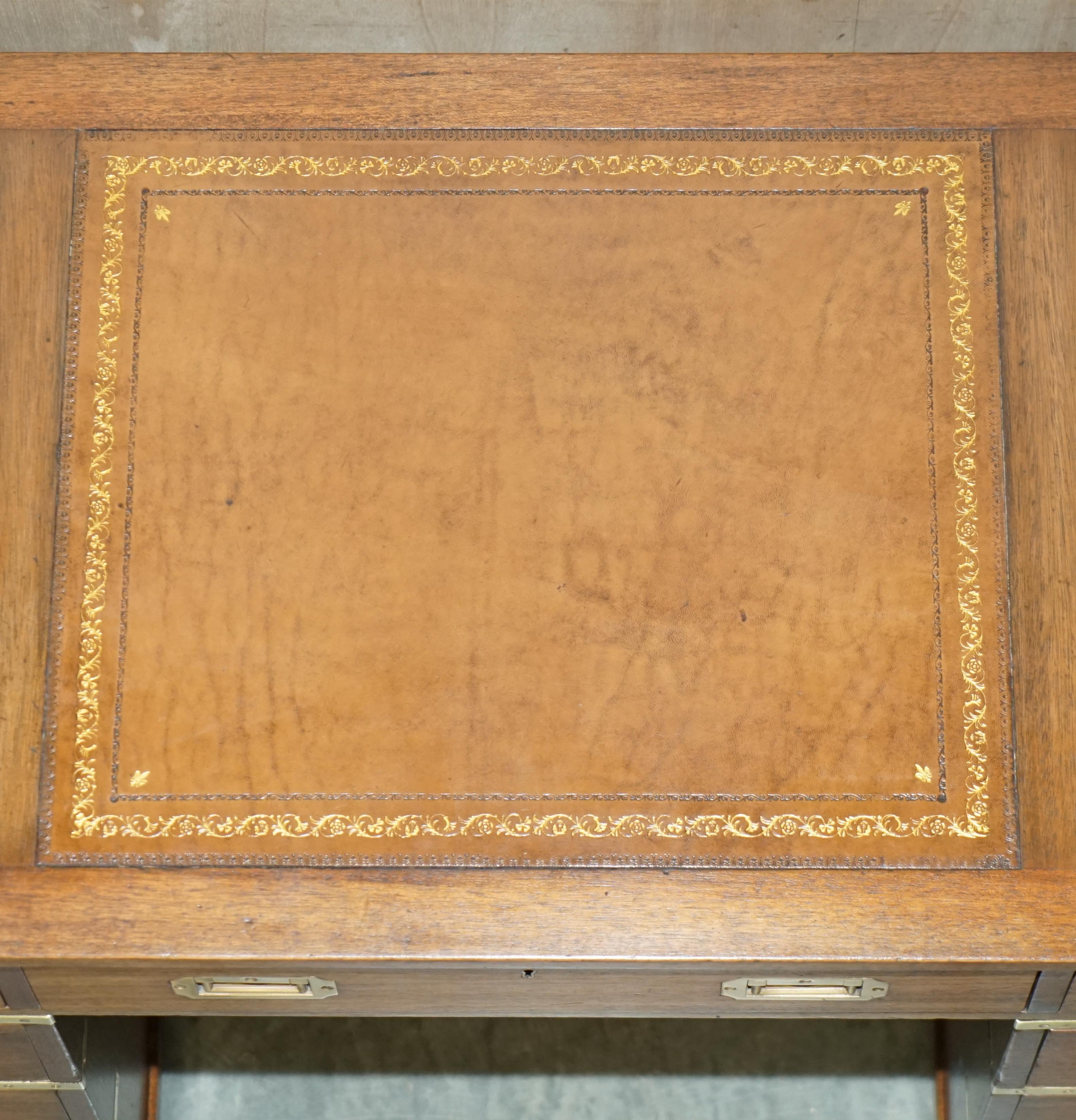 Fully Restored Harrods Kennedy Brown Leather Military Campaign Pedestal Desk For Sale 5
