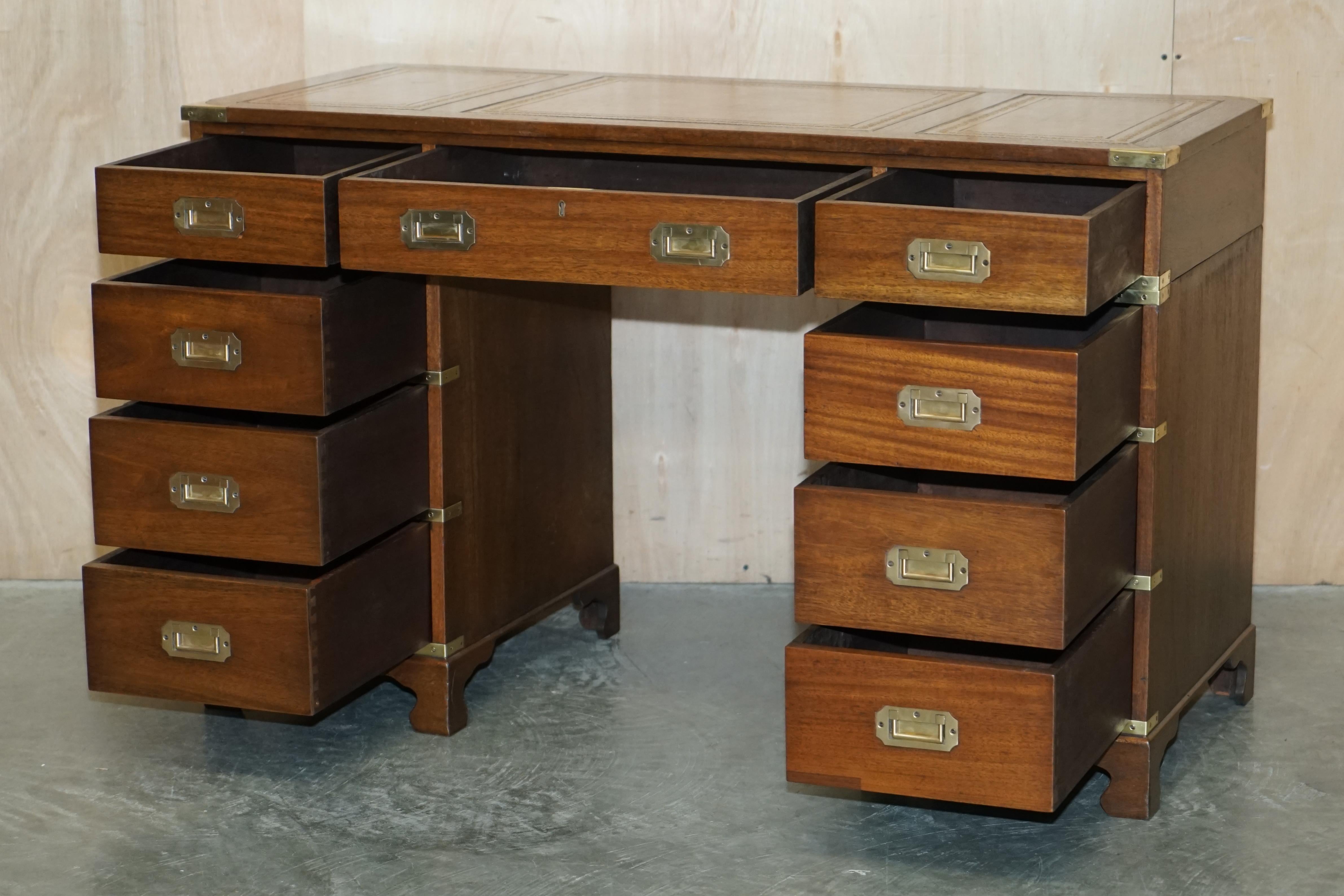 Fully Restored Harrods Kennedy Brown Leather Military Campaign Pedestal Desk For Sale 11