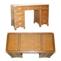 Vintage Fully Restored Harrods Kennedy Brown Leather Military Campaign Pedestal Desk