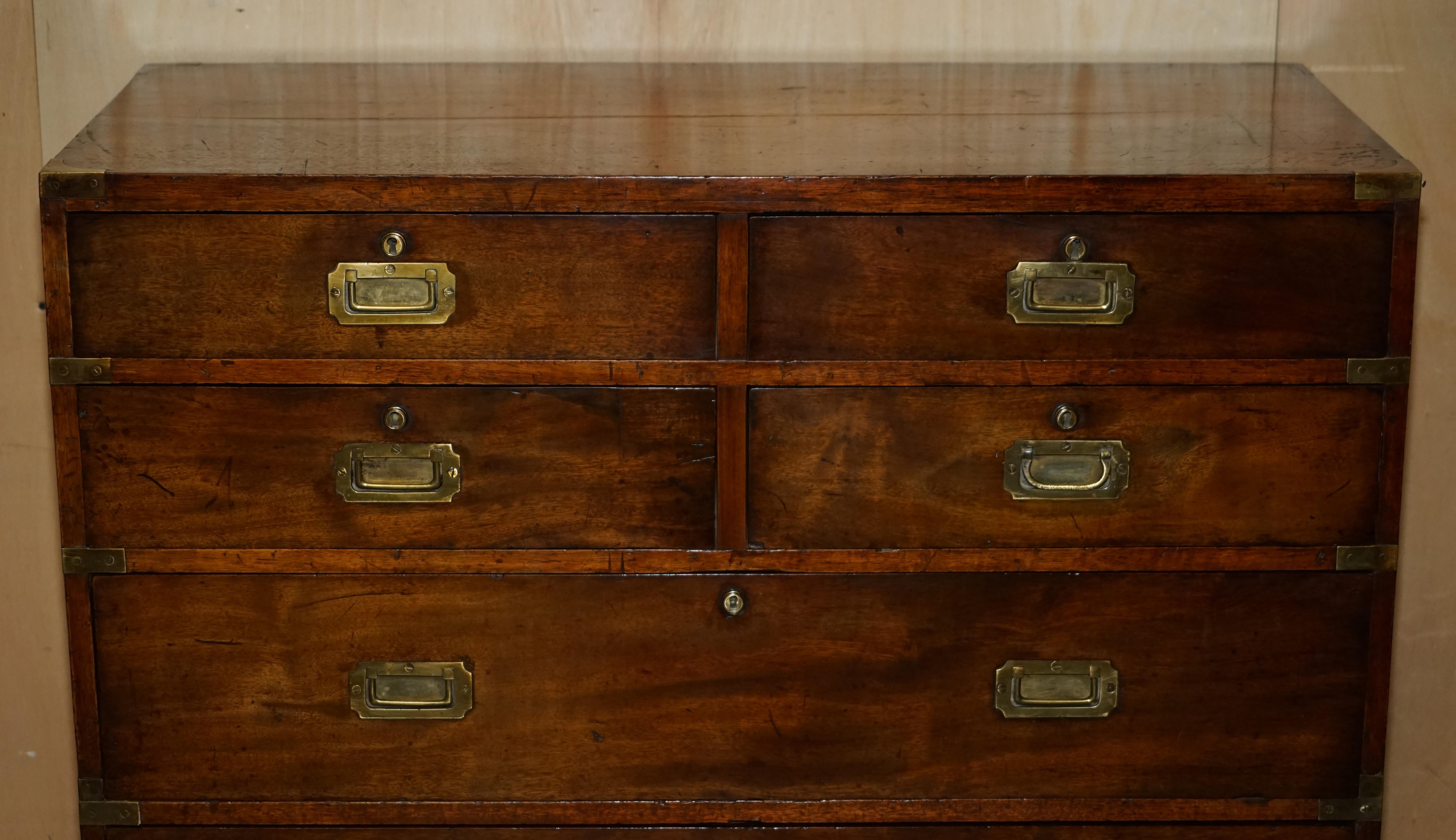 English Fully Restored Honduras Hardwood Antique Military Campaign Chest of Drawers