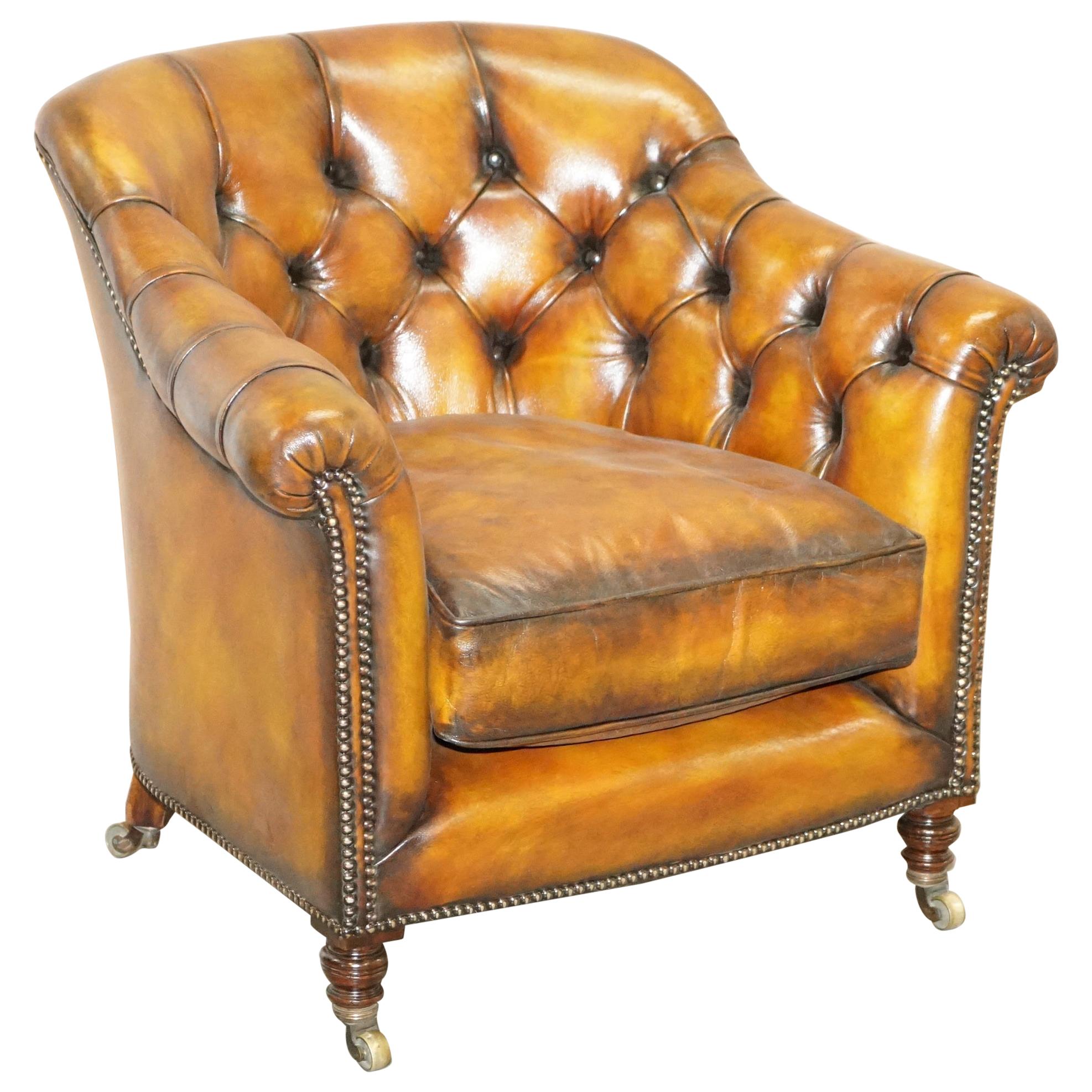 Fully Restored Howard and Sons Chesterfield Brown Leather Stamped Club Armchair