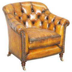 Antique Fully Restored Howard and Sons Chesterfield Brown Leather Stamped Club Armchair